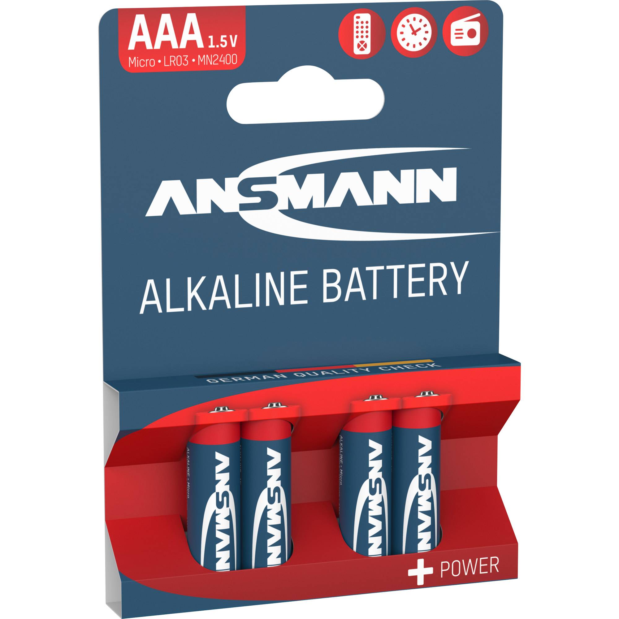 ANSMANN AAA-Alkalibatterie-Pack, 1,5V Micro LR03/MN2400, gezeigt in einer Vier-Pack-Ausstellungsbox mit „Power
