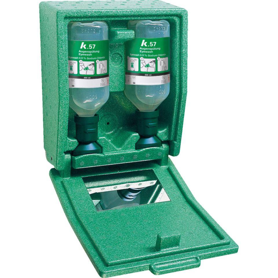 Wandbox Augenspülung, beheizbar, mit zwei 500ml/Flaschen gemäß DIN EN 15154-4
