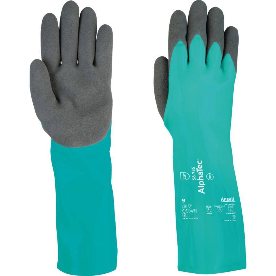 Ansell Schnitt- und Chemikalienschutzhandschuh AlphaTec® 58-735,Kategorie III, grün/schwarz, 350mm, Größe 9