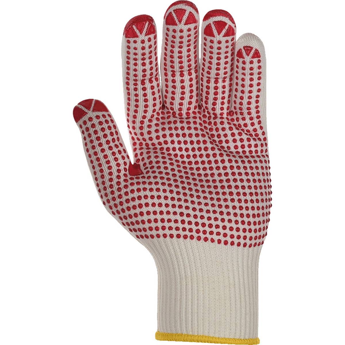 Ein weißer gestrickter Arbeitshandschuh mit roten Gumminoppen auf der Handfläche und den Fingern, die Grip bieten. Geeignet für Garten- oder leichte Bauarbeiten.