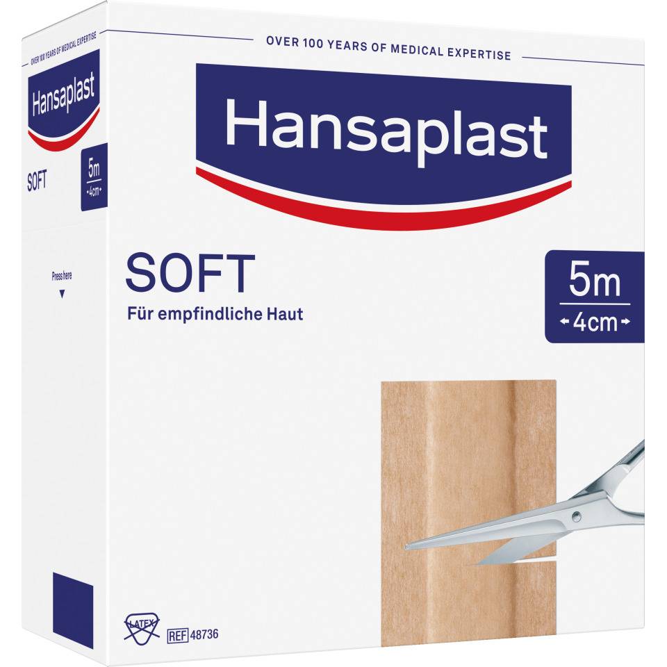 Hansaplast® Soft-Pflaster, für empfindliche Haut, sanft ablösbar, 4cm, 5m/Rolle