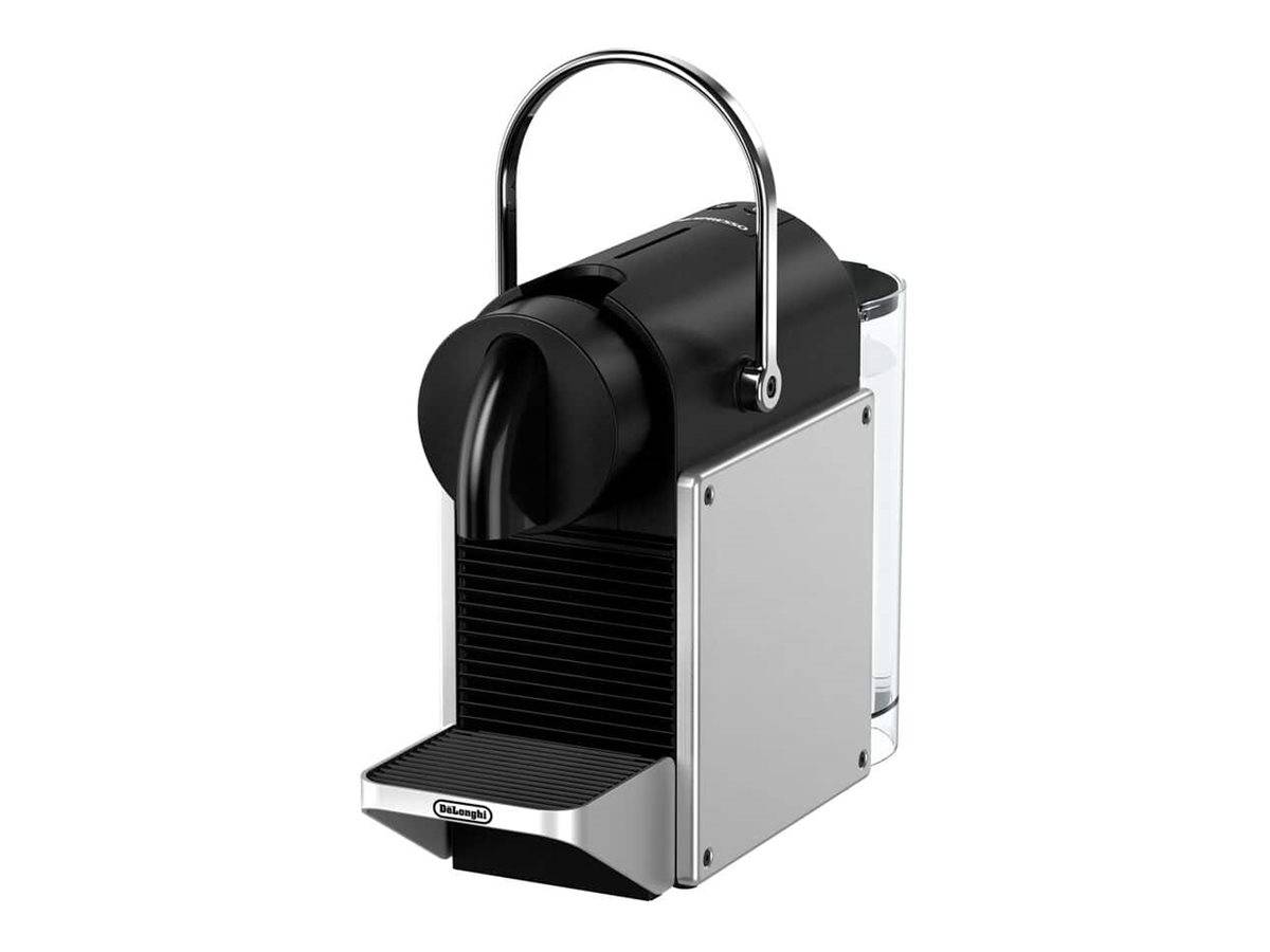 Tragbare Kapselkaffeemaschine mit schwarzem Gehäuse, Chromgriff und seitlichem Wassertank auf weißem Hintergrund.
