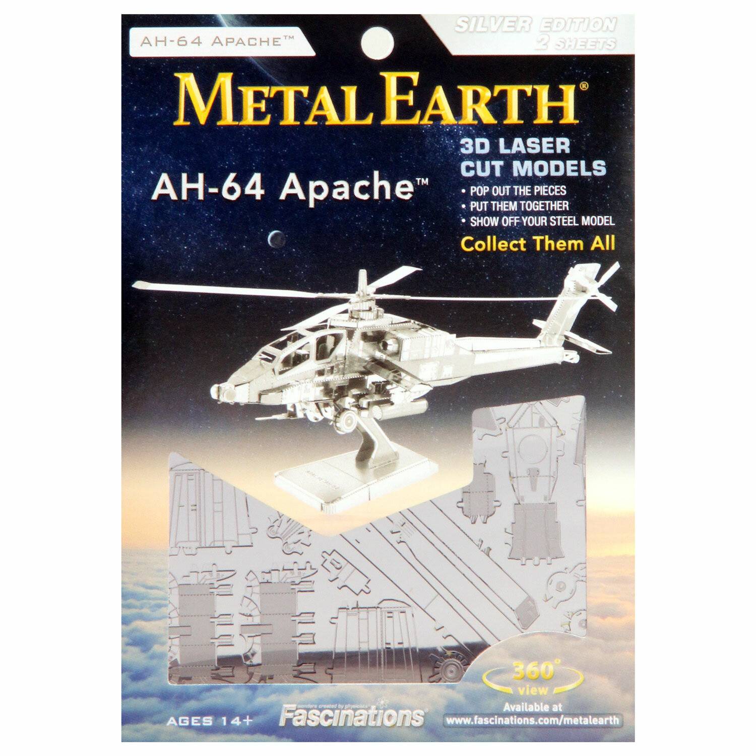 Metal Earth AH-64 Apache Silberne Ausgabe