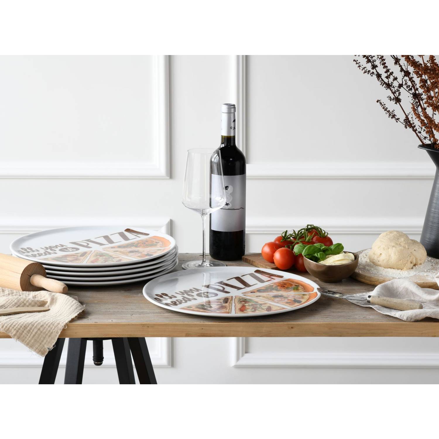 CreaTable 21568 Europa ALL YOU NEED Pizzateller Porzellan Ø 33 cm, mehrfarbig, 6-teilig (1 Set)