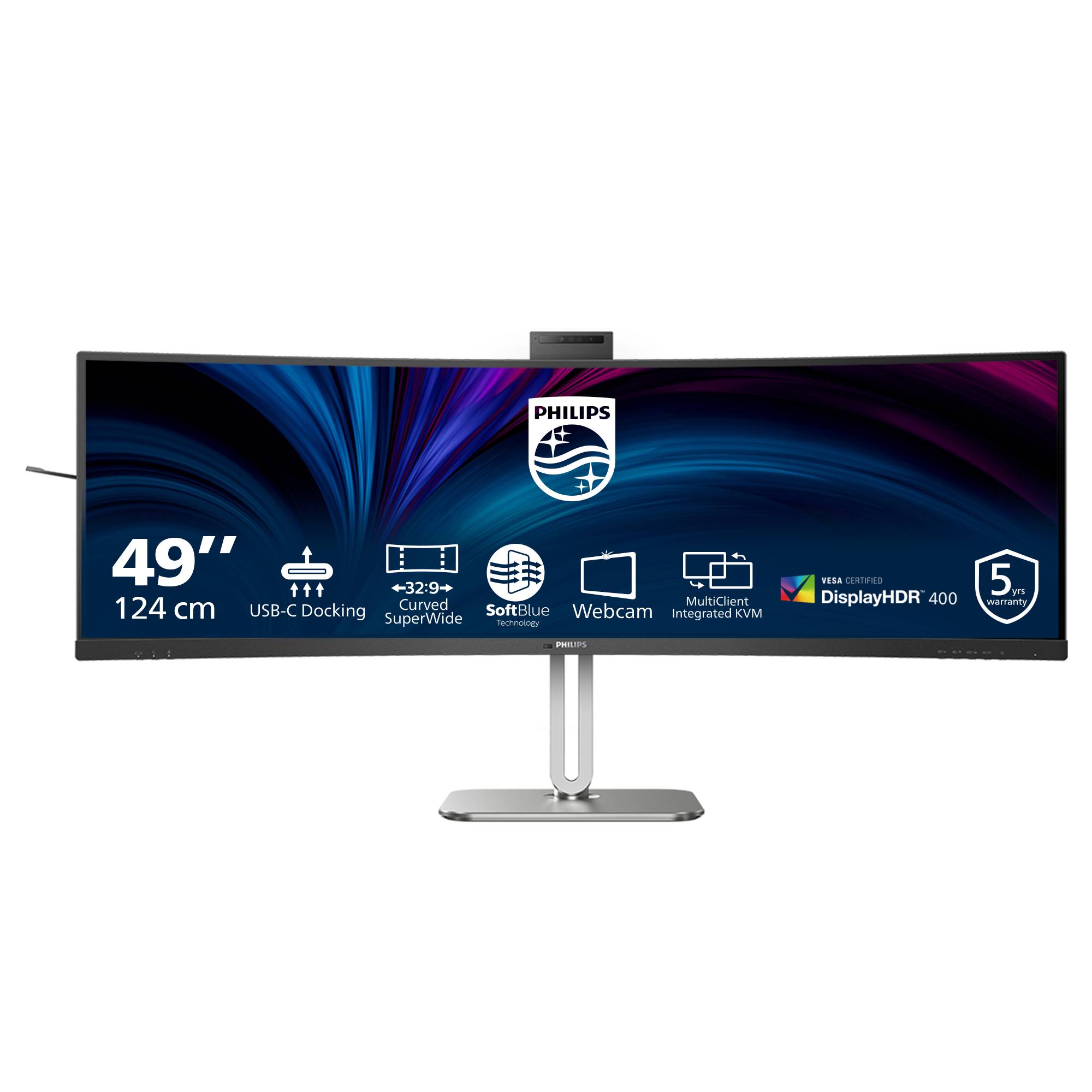 Philips 49-Zoll-Curved-Ultrawide-Monitor auf einem Ständer, der Funktionssymbole für USB-C-Docking, Webcam, eingebaute Lautsprecher und DisplayHDR 400 zeigt.