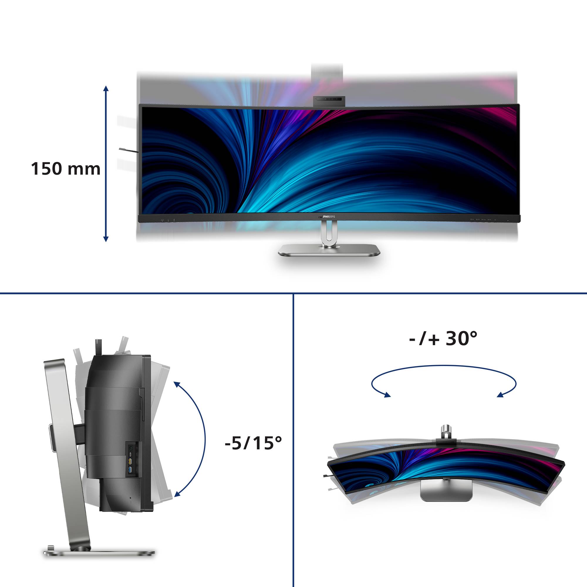 Produktdiagramm eines ultraweitbildigen gekrümmten Monitors mit einer Höhe von 150 mm und verstellbaren Neigungswinkeln von -5/15° und -/+30° auf einem Ständer mit Webcam-Halterung.