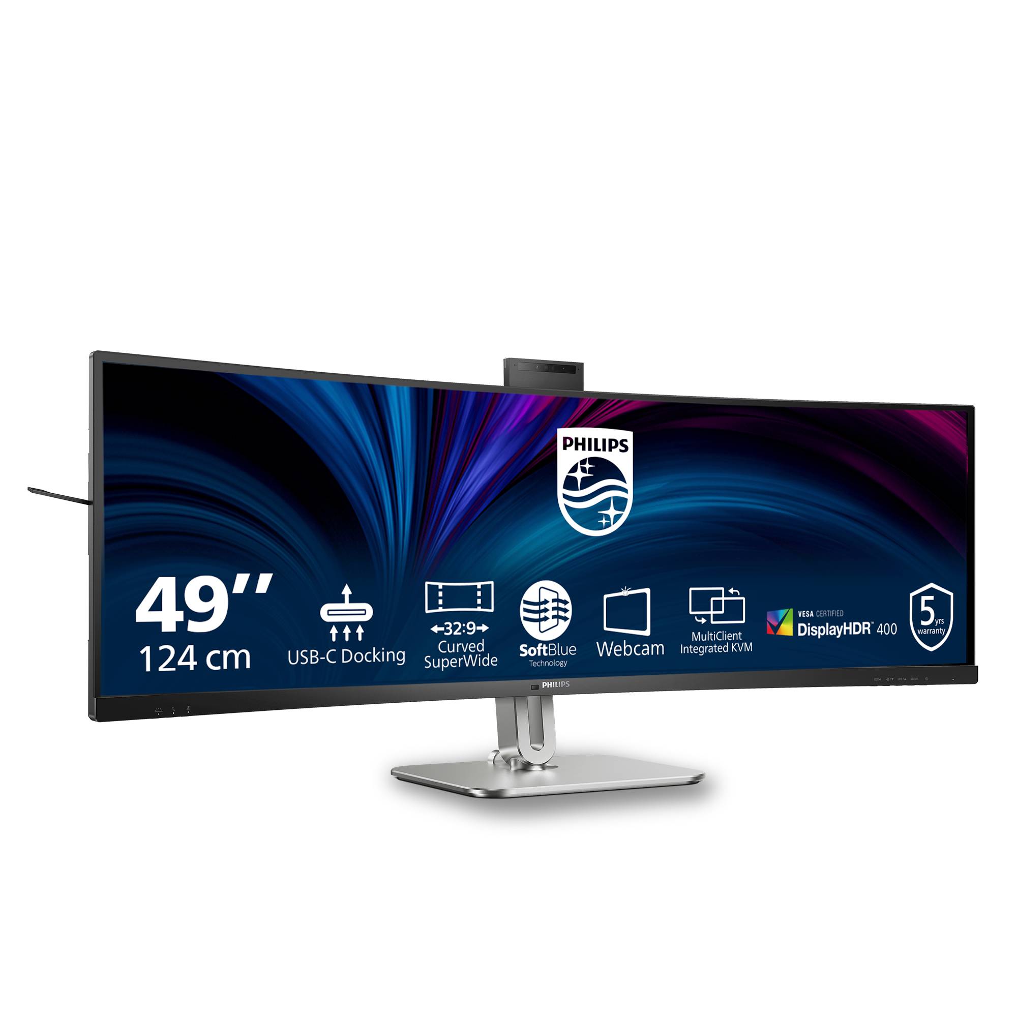 Philips 49-Zoll-Ultrawide-Curved-Monitor mit USB-C-Docking, Webcam, integriertem KVM und DisplayHDR 400 auf einem Ständer.