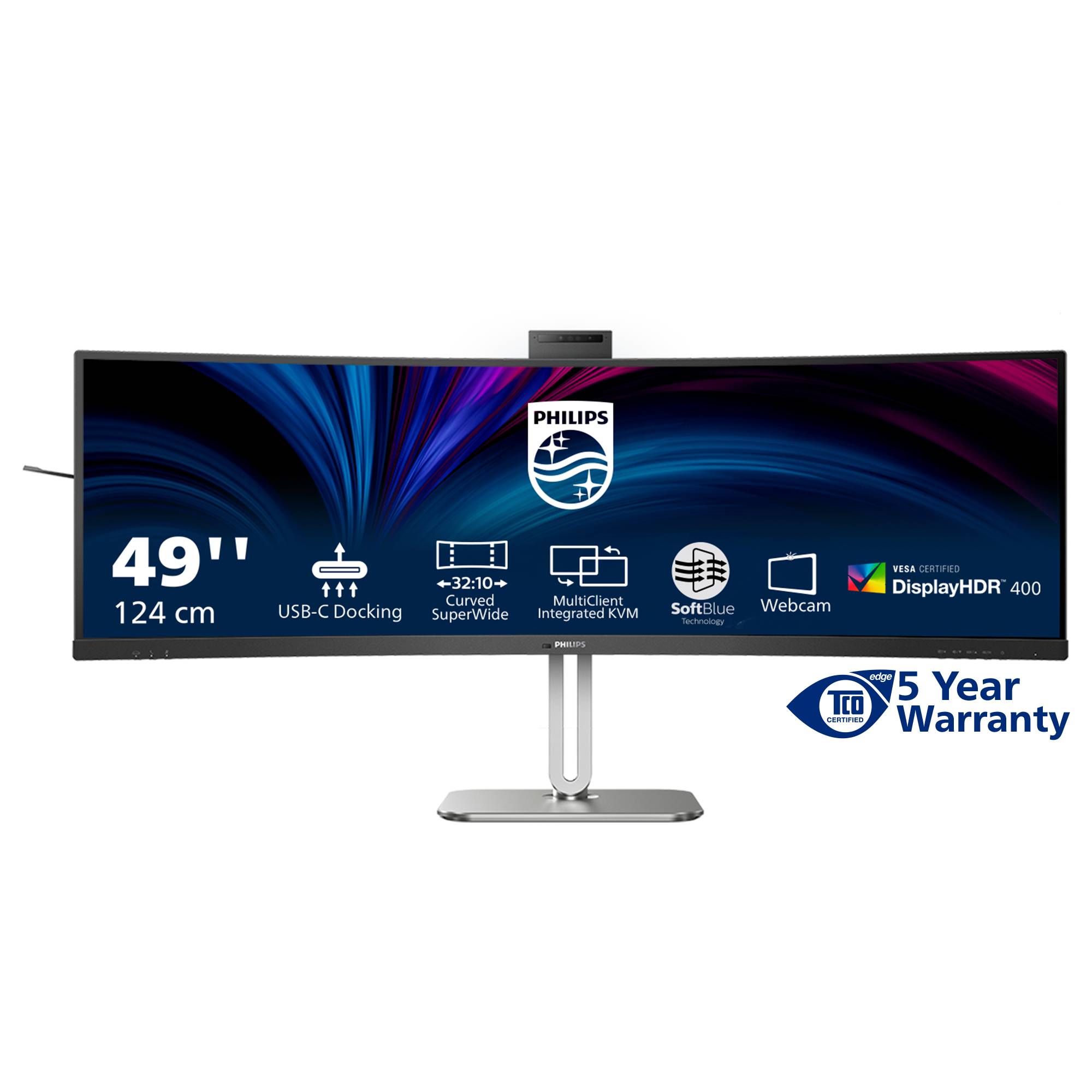 Philips 49-Zoll gebogenes Ultrawide-Monitor auf Ständer, mit Symbolen für USB-C Docking, MultiClient KVM, SoftBlue, Webcam und DisplayHDR 400, plus 5-Jahres-Garantie.