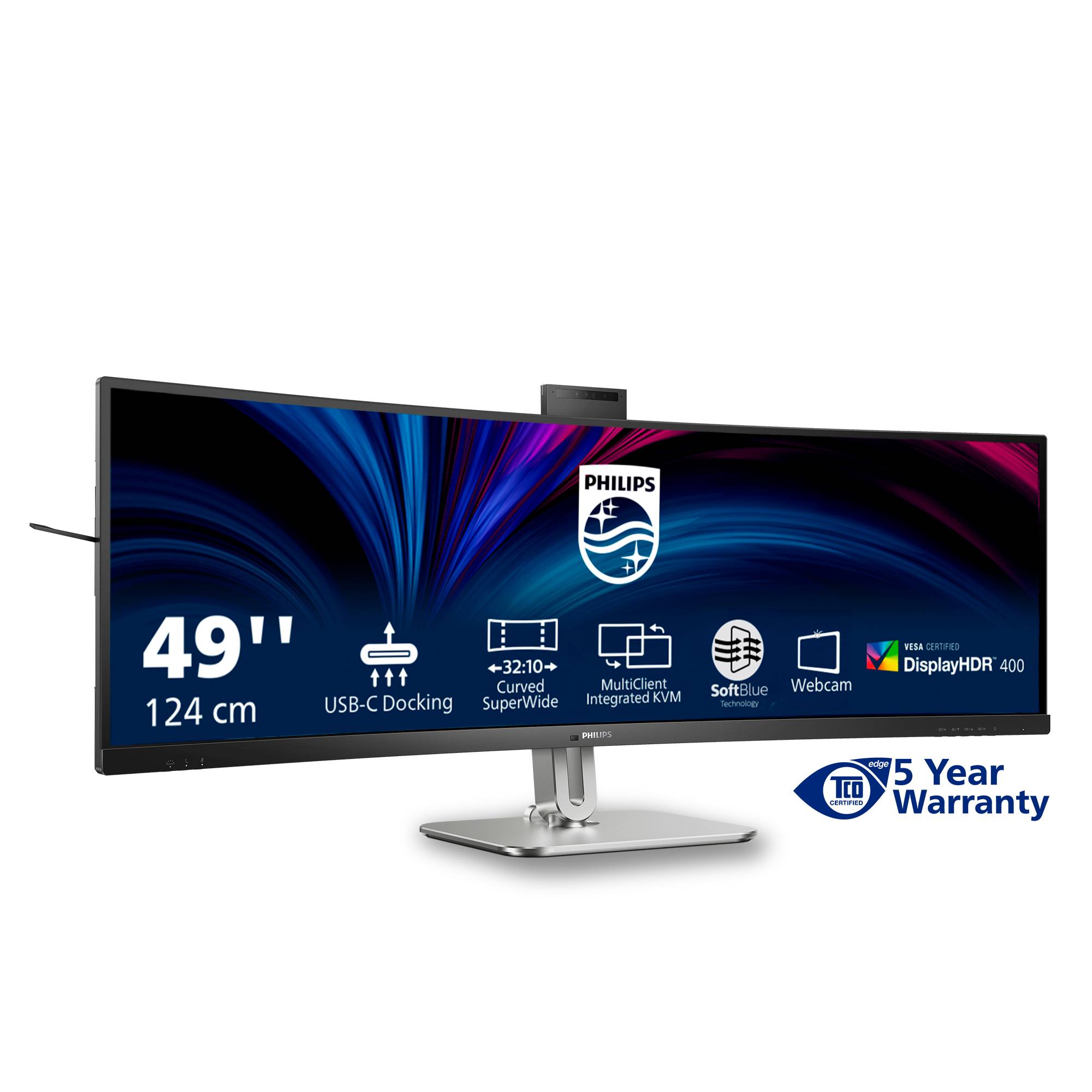 Philips 49-Zoll gebogener Ultrawide-Monitor mit USB-C-Docking, integriertem KVM, Webcam und DisplayHDR 400; 5 Jahre Garantie abgebildet.