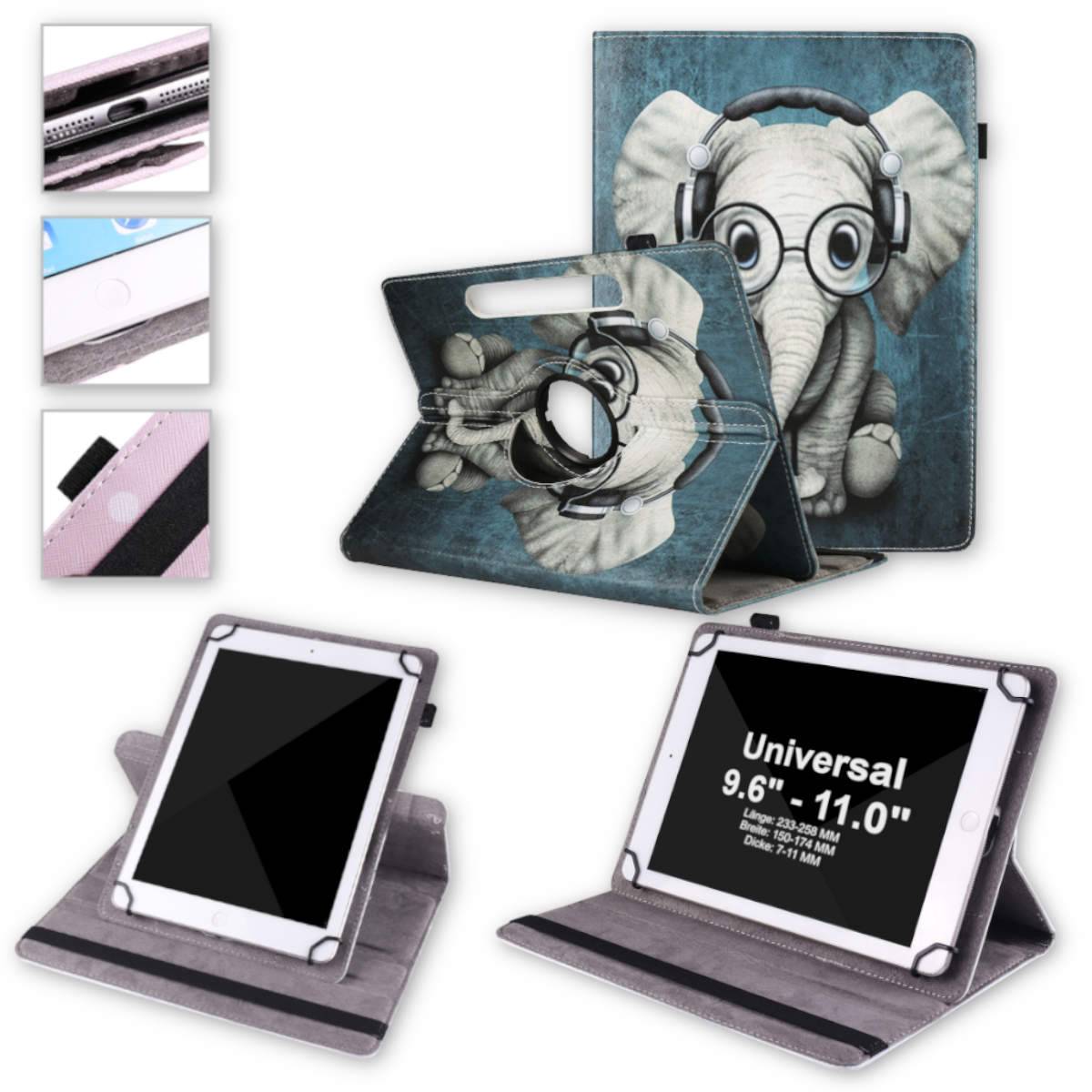 Tablet-Hülle mit einem Design, das einen Elefanten mit Kopfhörern zeigt. Mehrere Winkel verdeutlichen den Aufbau der Hülle und ihre Kompatibilität mit Tablets zwischen 9,6 und 11,0 Zoll.