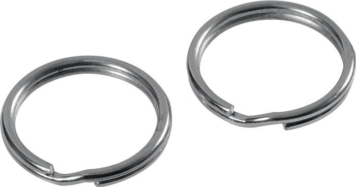 Zwei silberne Metallschlüsselringe werden auf weißem Hintergrund platziert, die sich teilweise überlappen.