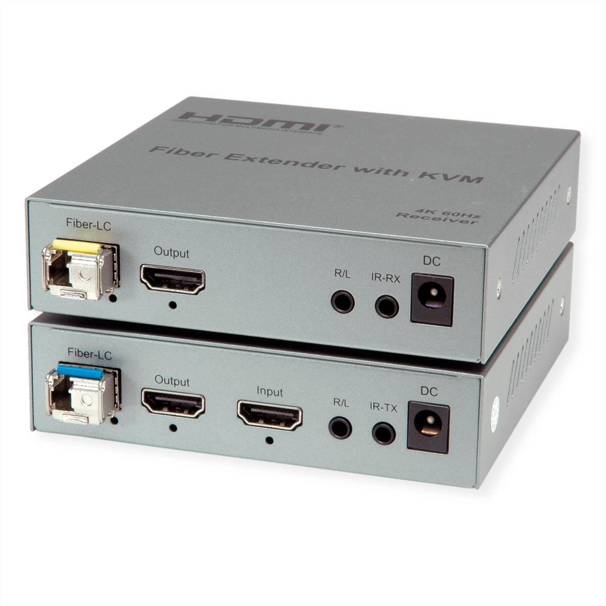 Zwei gestapelte graue HDMI-Faserexender mit KVM, die Fiber-LC-, Ausgabe-/Eingabeanschlüsse, Audiobuchsen und DC-Stromversorgungssockel zeigen.