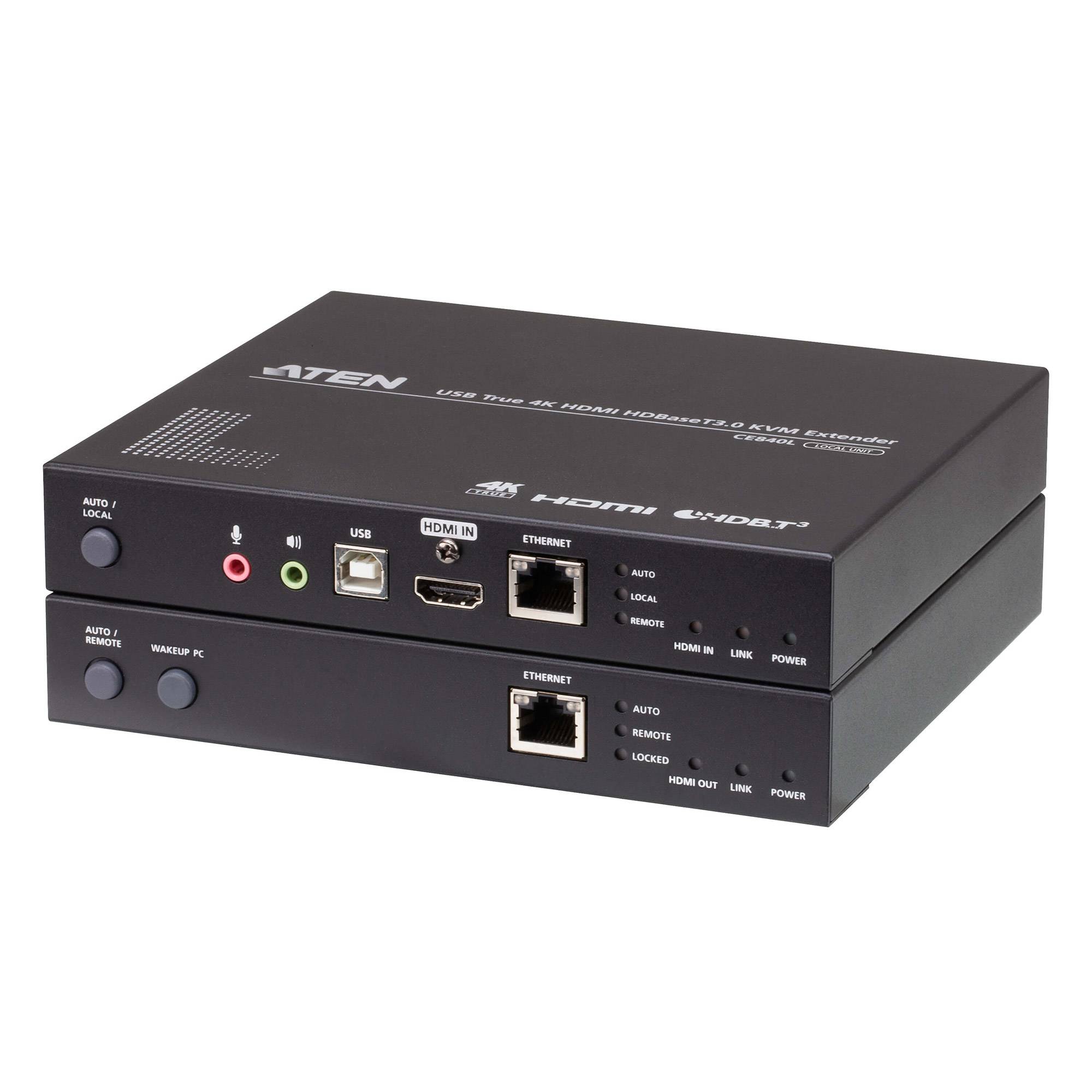 Schwarze ATEN USB HDMI KVM-Extender-Geräte, gestapelt auf weißem Hintergrund, mit gekennzeichneten Anschlüssen und Anzeigelampen auf den vorderen Bedienfeldern.