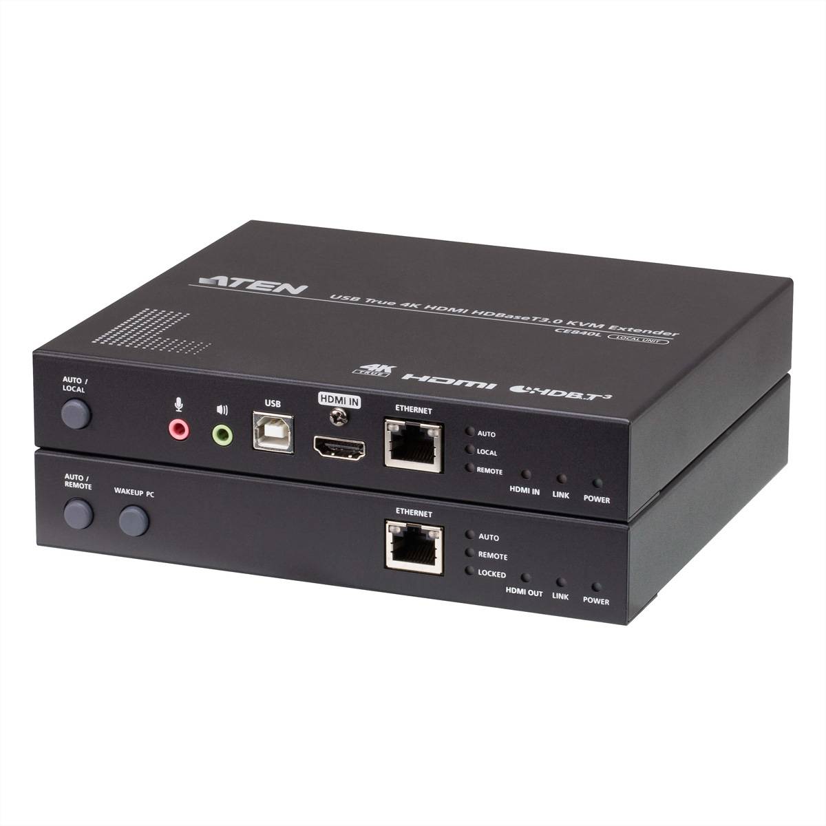 Zwei übereinander gestapelte schwarze ATEN KVM-Extender-Geräte mit USB-, Audio-, HDMI- und Ethernet-Anschlüssen an der Vorderseite sowie Statusleuchten.