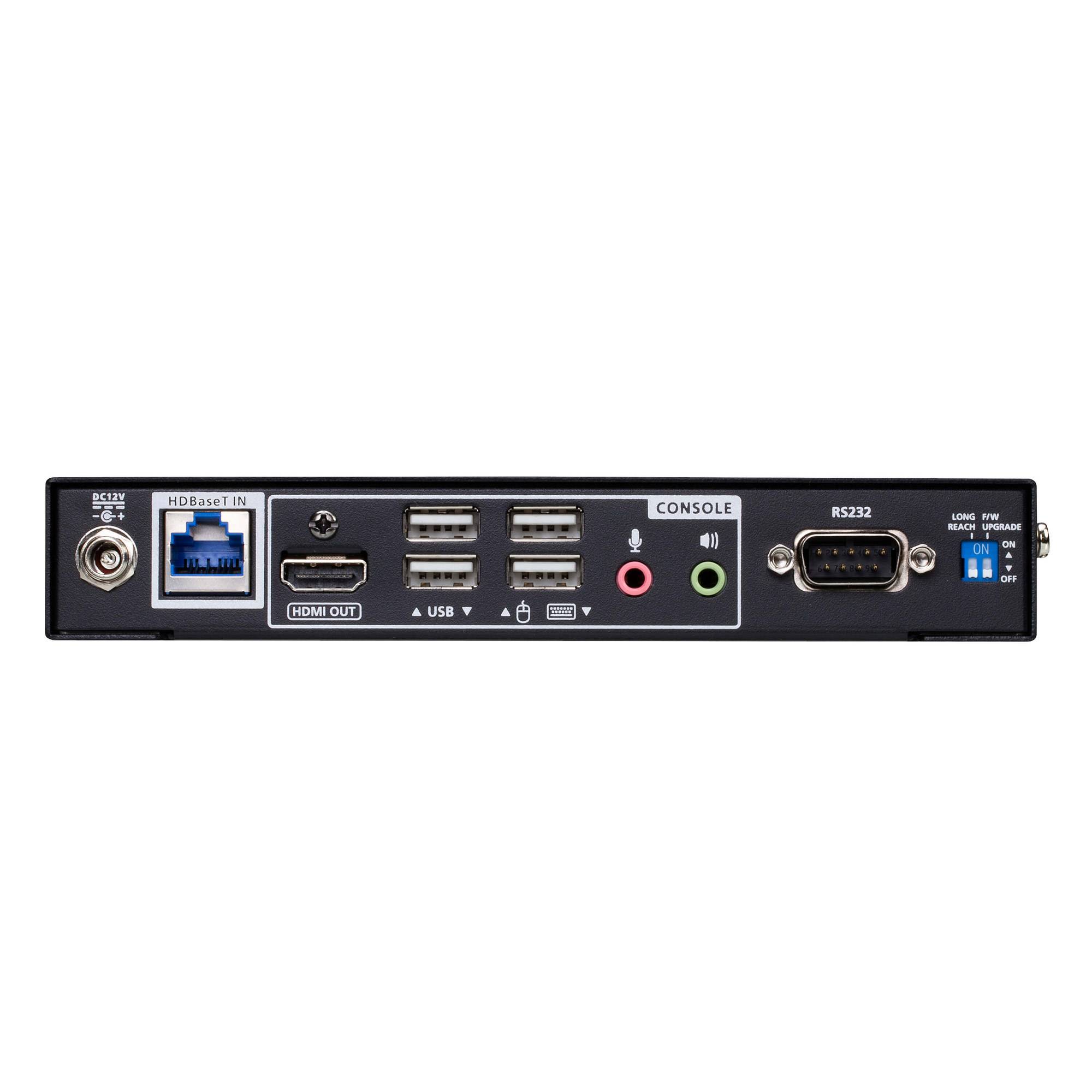 Rückseite eines Geräts mit Gleichstromversorgung, HDBaseT-Eingang, HDMI-Ausgang, USB-Anschlüssen, Konsolen-Audiobuchsen, RS232 und einem Sperr-Schalter.