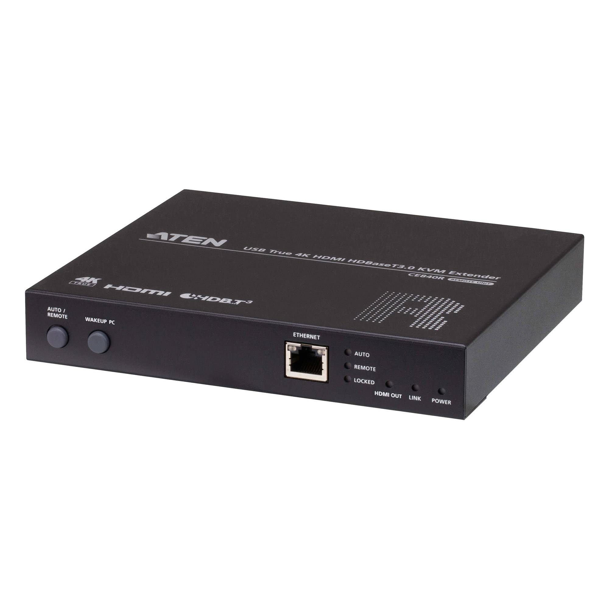 Schwarze ATEN HDMI-Extender-Box mit Ethernet-Anschluss, vorderen Tasten und Status-LEDs auf weißem Hintergrund.