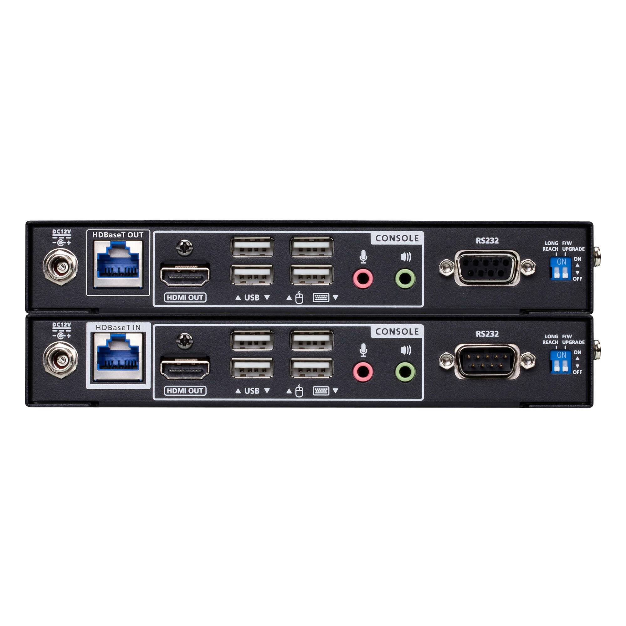 Zwei übereinander gestapelte HDMI-Verlängerer-Boxen, von hinten gezeigt, mit HDBaseT, HDMI, USB, Konsolen-Audio-Anschlüssen, RS232 und Ein-/Aus-Schaltern.