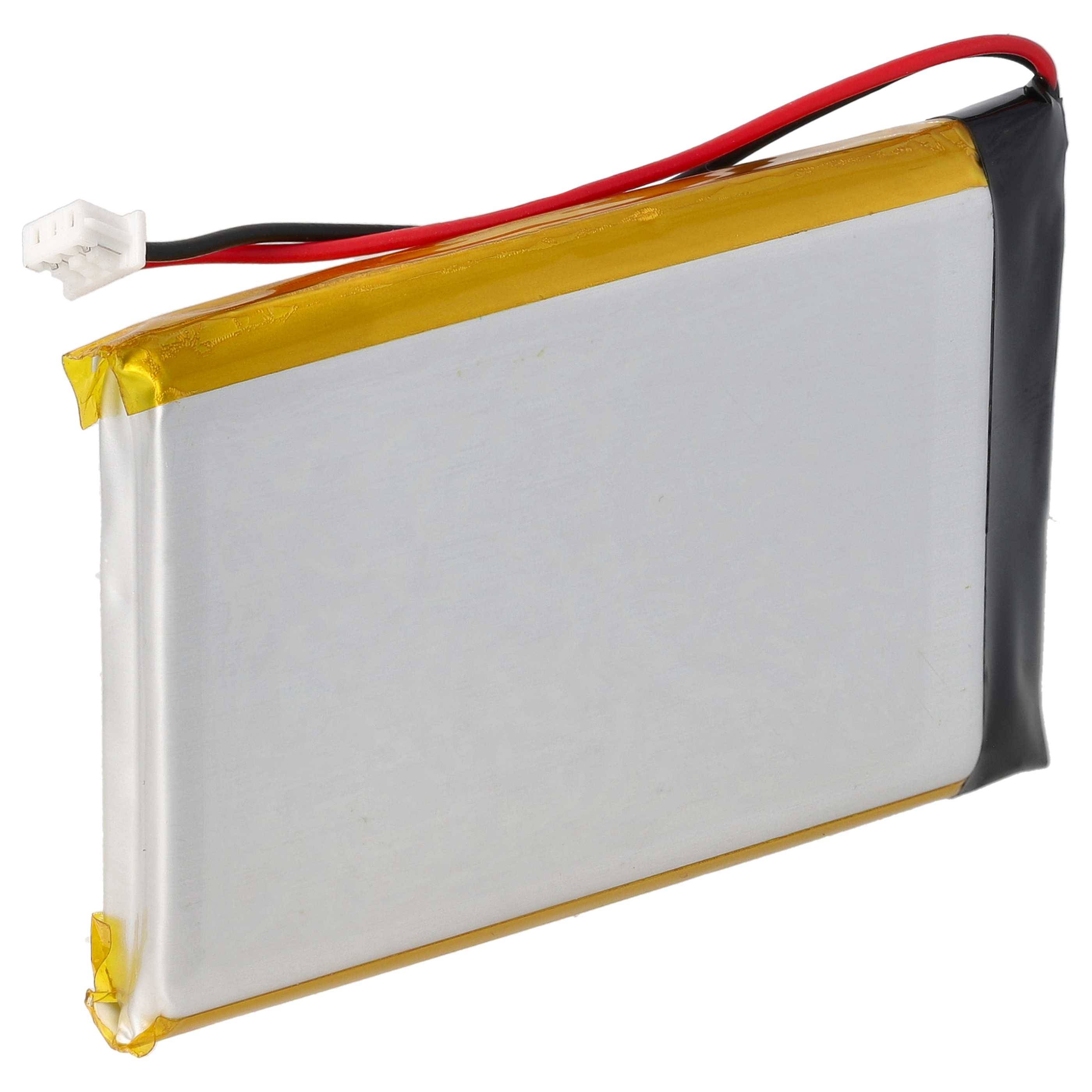 Eine silberne rechteckige Lithium-Polymer-Batterie mit gelbem Rand und roten und schwarzen Drähten, die sich von der oben links gelegenen Ecke erstrecken.
