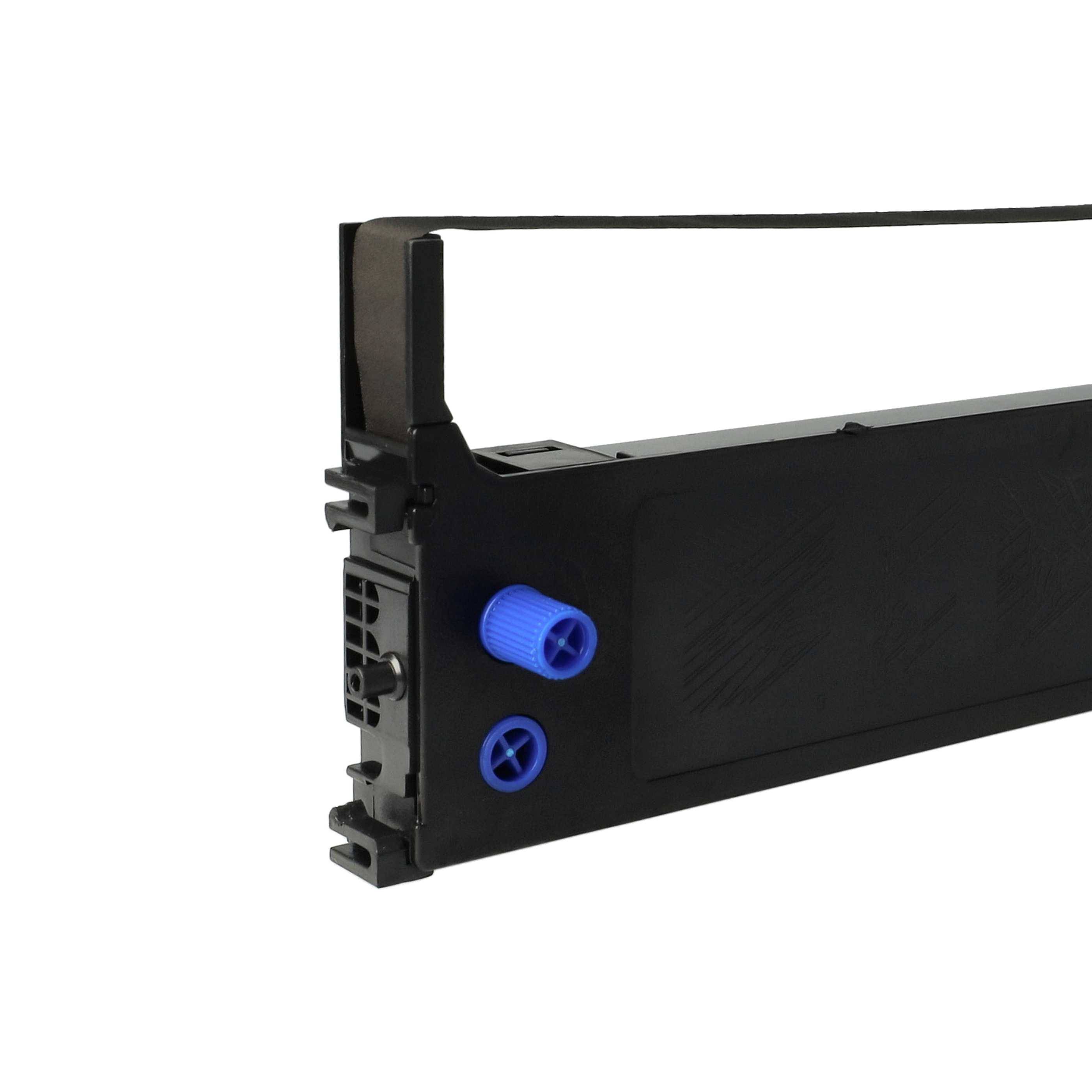 Eine schwarz-blau gestreifte Druckerband-Patrone mit sichtbaren Zahnrädern und Spulen, die für Nadeldrucker verwendet wird.