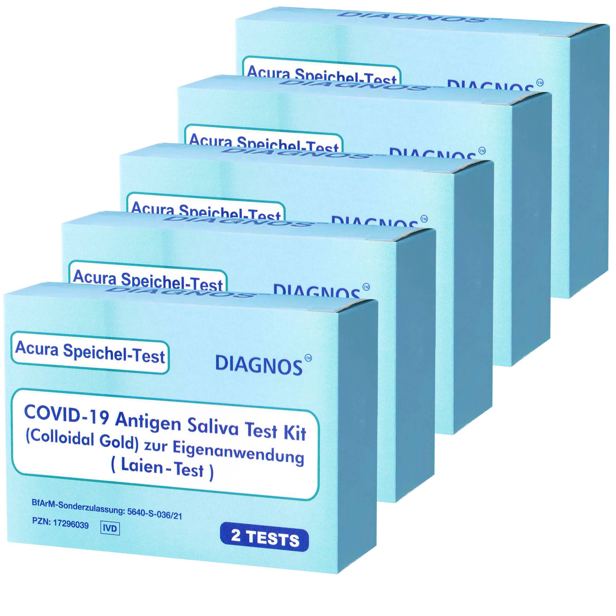10 Acura Speichel-Test DIAGNOS COVID-19 Laientest (Spucktest) mit BfArM-Sonderzulassung, Coronavirus (SARS-Cov-2) Antige