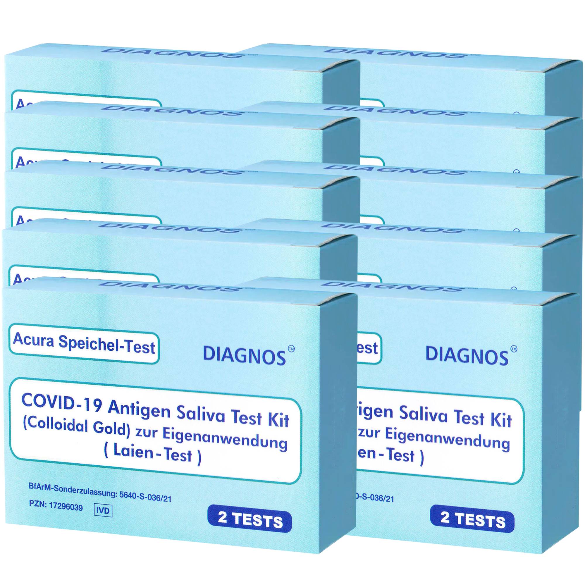 20 Acura Speichel-Test DIAGNOS COVID-19 Laientest (Spucktest) mit BfArM-Sonderzulassung, Coronavirus (SARS-Cov-2) Antige