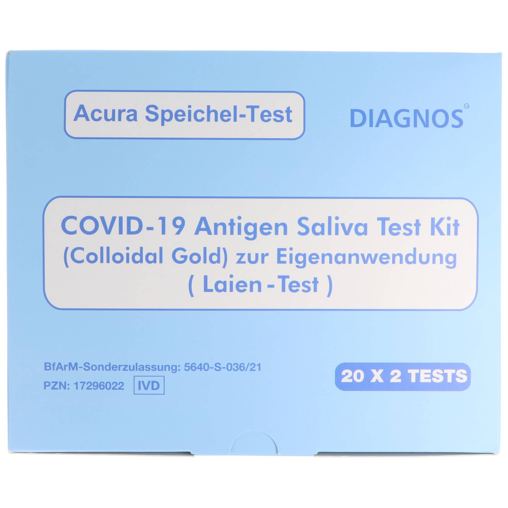 40 Acura Speichel-Test DIAGNOS COVID-19 Laientest (Spucktest) mit BfArM-Sonderzulassung, Coronavirus (SARS-Cov-2) Antige