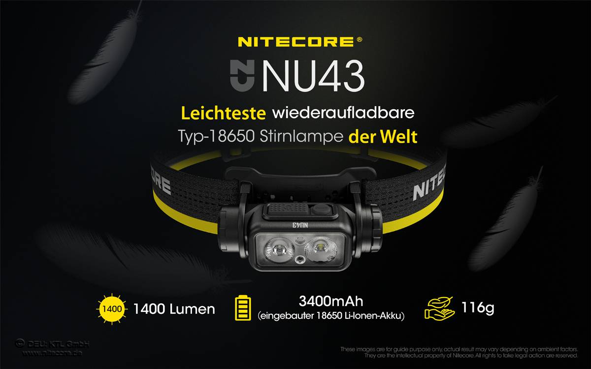 Nitecore NU43 LED Kopflampe mit 1400 Lumen, leichteste Stirnlampe der Welt mit 18650 Akku, mit Photosensor, eingebauter