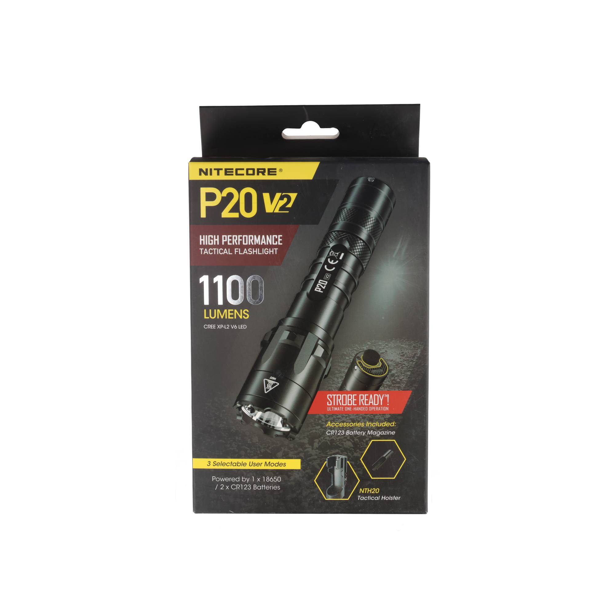 Nitecore P20 V2 High-Performance Taktische Taschenlampe, Paket mit 1100 Lumen Leistung, mit Produktbild und Funktionsmerkmalen.