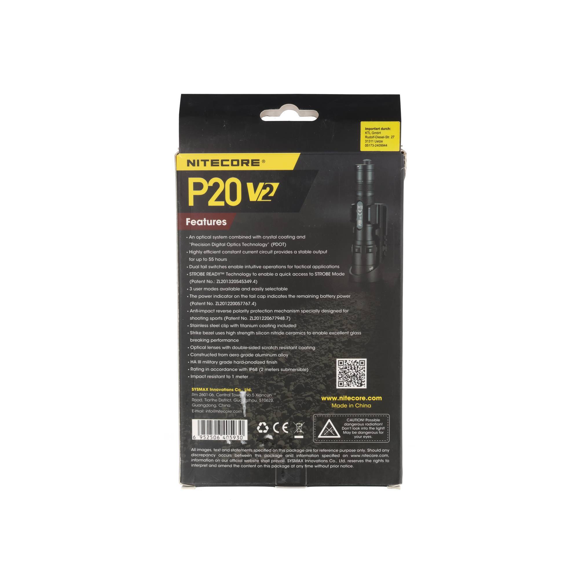 Nitecore P20 V2 LED-Taschenlampe, 1100 Lumen, taktische Taschenlampe, drei Benutzer-Modi, inklusive 2x CR123A Lithium Ba