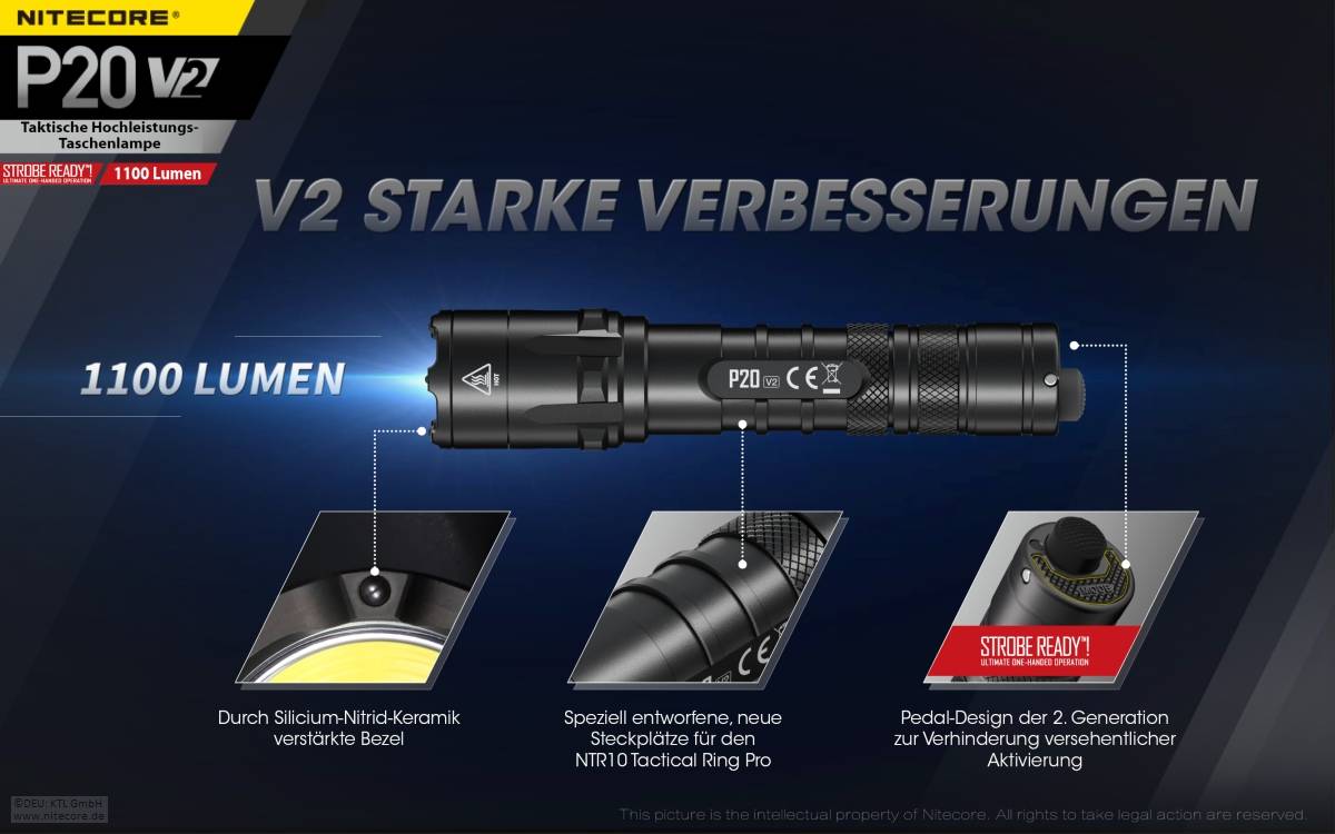 Nitecore P20 V2 LED-Taschenlampe, 1100 Lumen, taktische Taschenlampe, drei Benutzer-Modi, inklusive 2x CR123A Lithium Ba