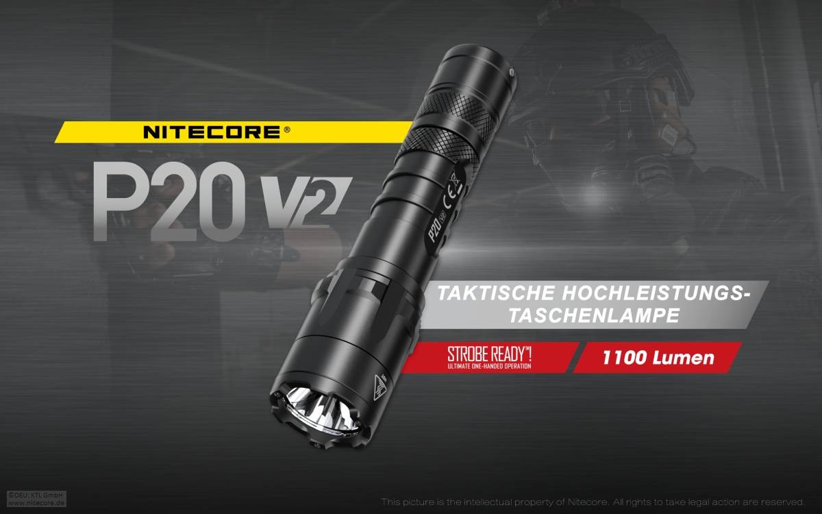 Nitecore P20 V2 LED-Taschenlampe, 1100 Lumen, taktische Taschenlampe, drei Benutzer-Modi, inklusive 2x CR123A Lithium Ba