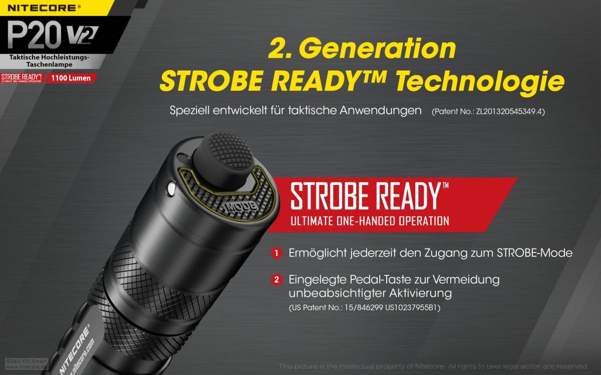 Nitecore P20 V2 LED-Taschenlampe, 1100 Lumen, taktische Taschenlampe, drei Benutzer-Modi, inklusive 2x CR123A Lithium Ba
