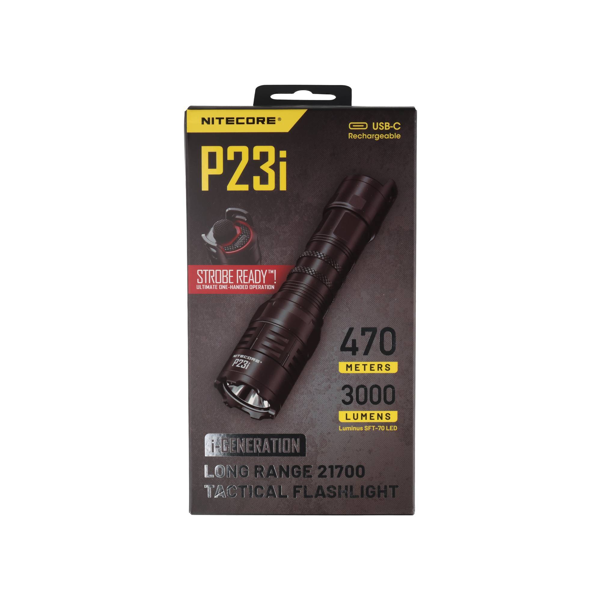 Nitecore P23i USB-C wiederaufladbarer taktischer Taschenlampen-Karton, gekennzeichnet mit 470 Metern und 3000 Lumen.