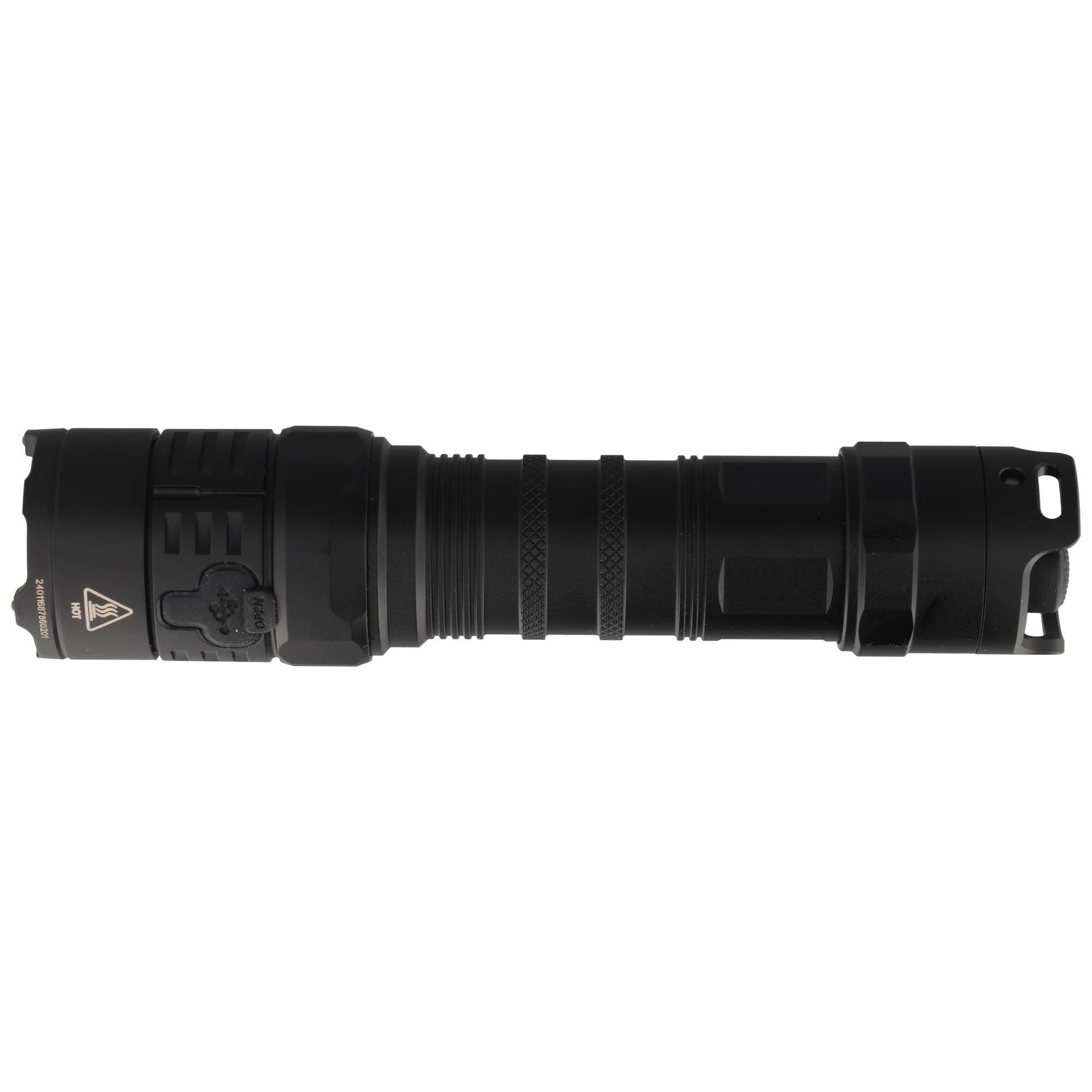 Schwarze taktische Taschenlampe horizontal auf weißem Hintergrund dargestellt, mit Befestigungsclip und strukturierten Griffflächen.