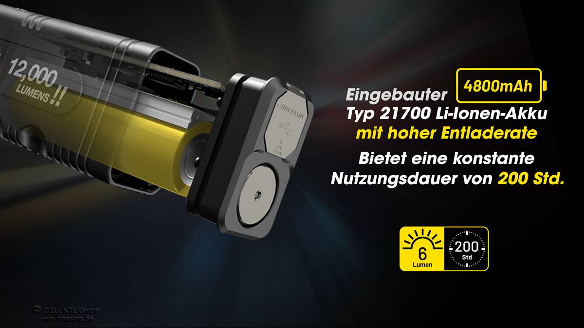 Nitecore TM12K LED-Taschenlampe mit 12000 Lumen, ergonomisches Gehäuse, OLED-Display, eingebauter 21700 4800mAh Li-Ion A