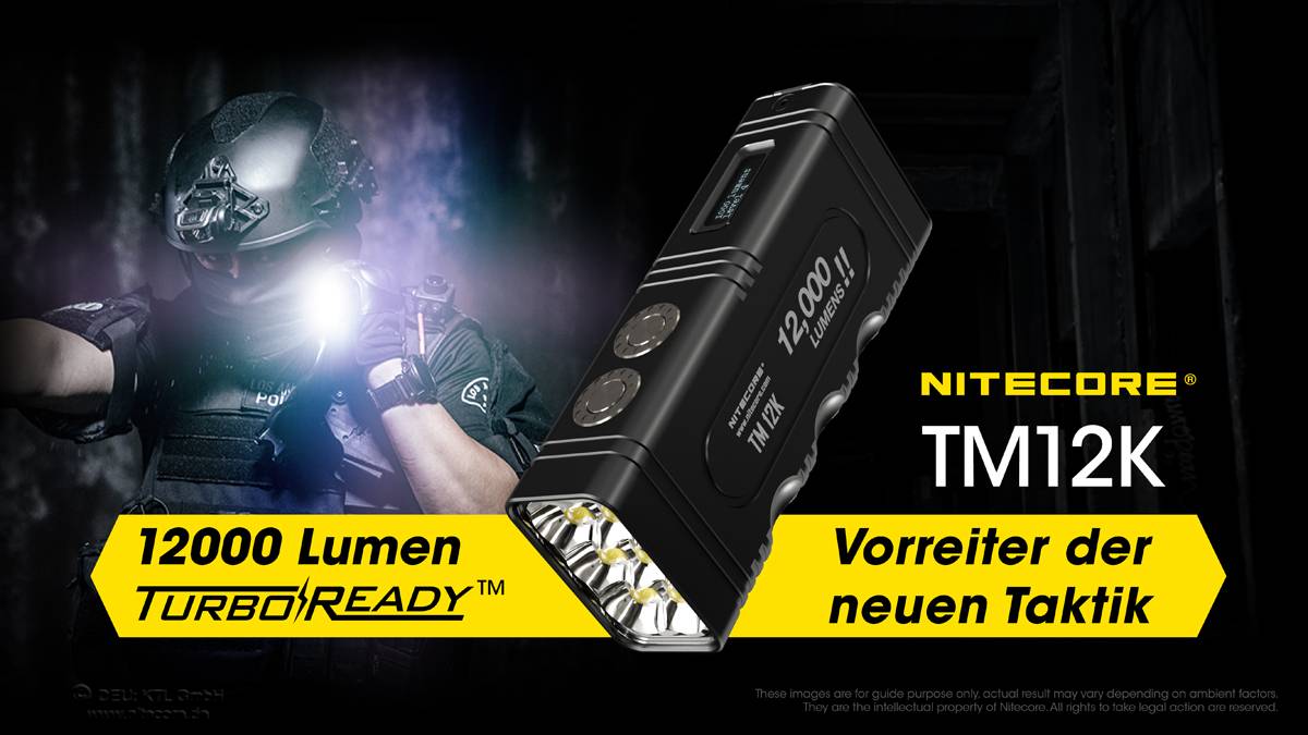 Nitecore TM12K LED-Taschenlampe mit 12000 Lumen, ergonomisches Gehäuse, OLED-Display, eingebauter 21700 4800mAh Li-Ion A