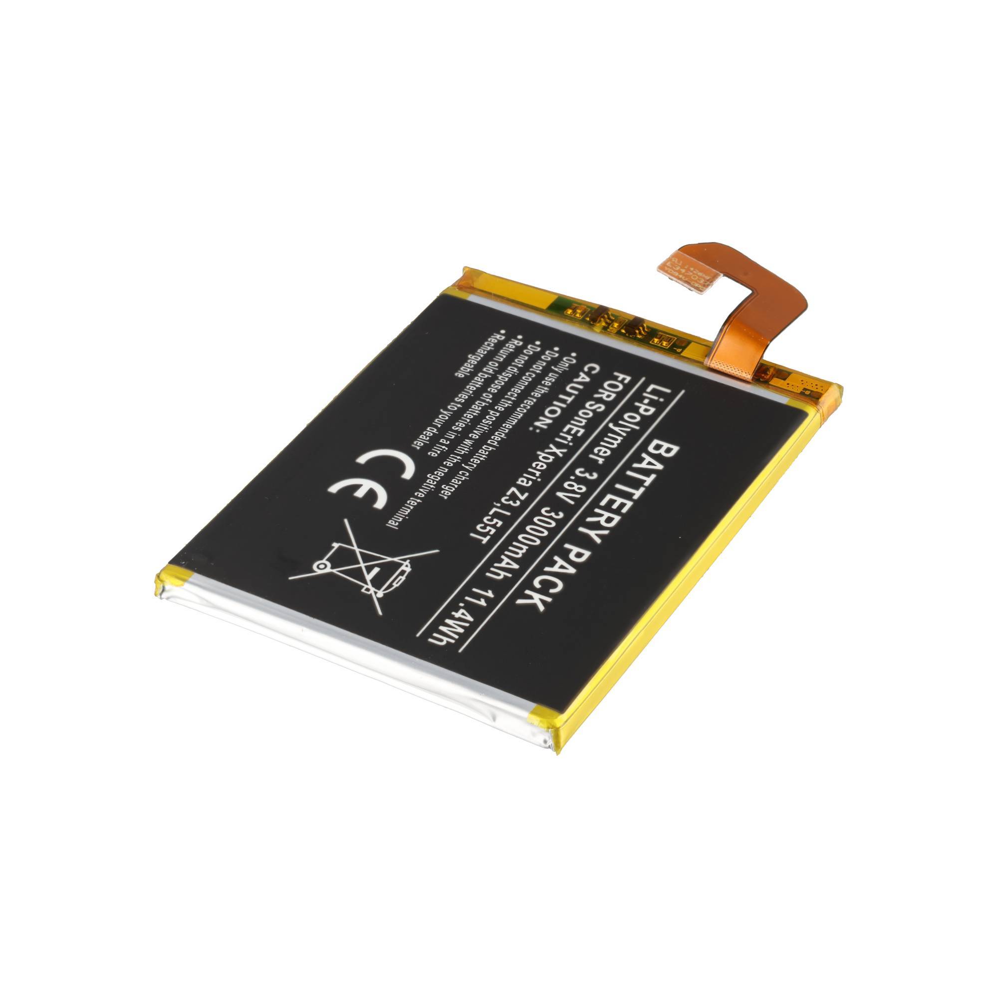 Kleine rechteckige Lithium-Ionen-Batterie mit orangem Stecker-Tab und gedruckten Sicherheitskennzeichnungen auf weißem Hintergrund.