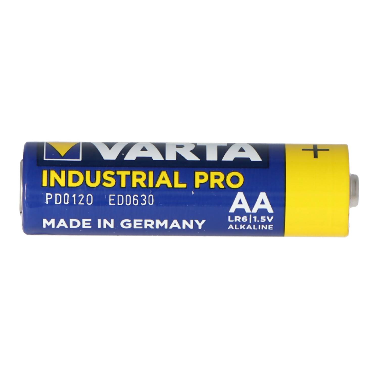 VARTA Industrial Pro AA 1,5V Alkaline-Batterie, blaues und gelbes Etikett, isoliert auf weißem Hintergrund dargestellt.