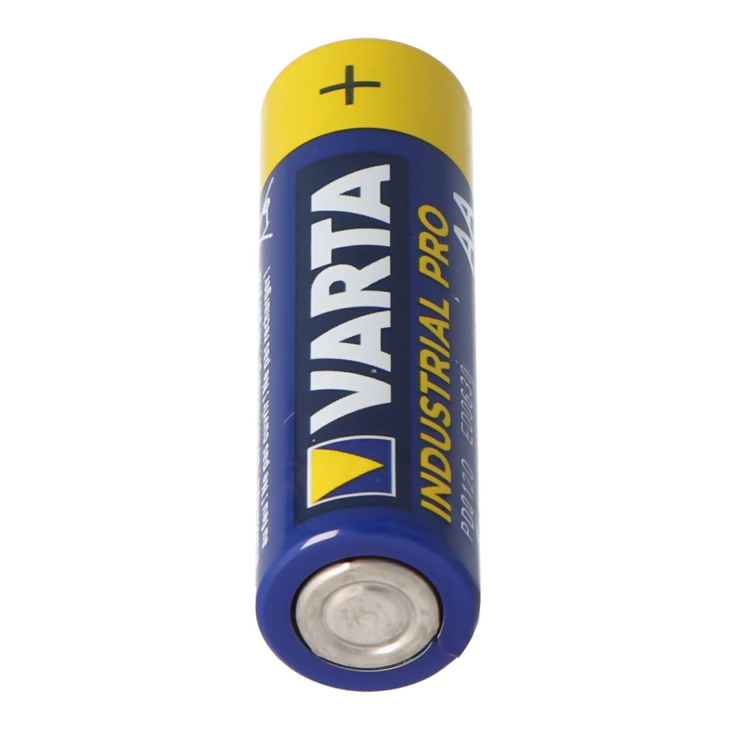 Eine einzelne VARTA Industrial Pro AA-Batterie, aufrecht auf weißem Hintergrund dargestellt, mit sichtbarem Pluspol und blaugelb beschrifteter Etikette.