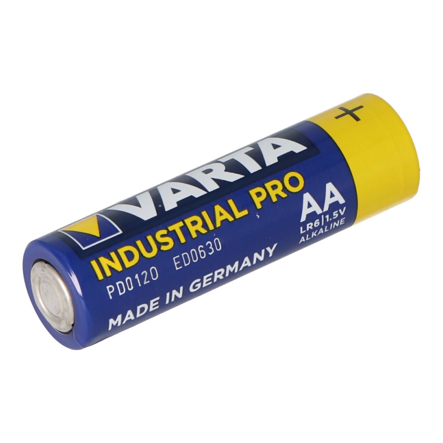 Eine blau-gelbe AA-Alkalibatterie mit der Aufschrift 
