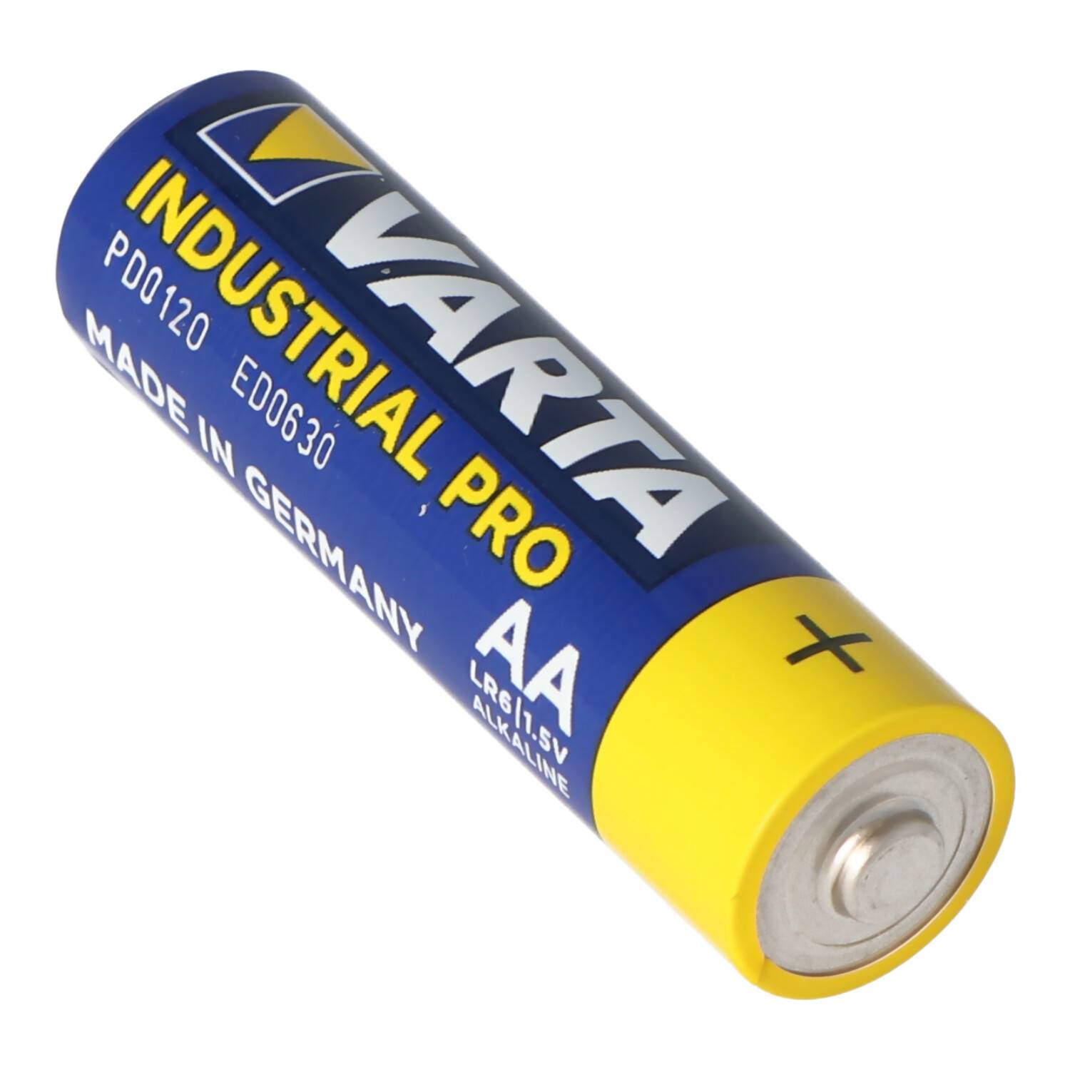 AA Varta Industrial Pro Alkalibatterie diagonal auf weißem Hintergrund dargestellt, mit gelbem Pluspol und blauem Etikett.