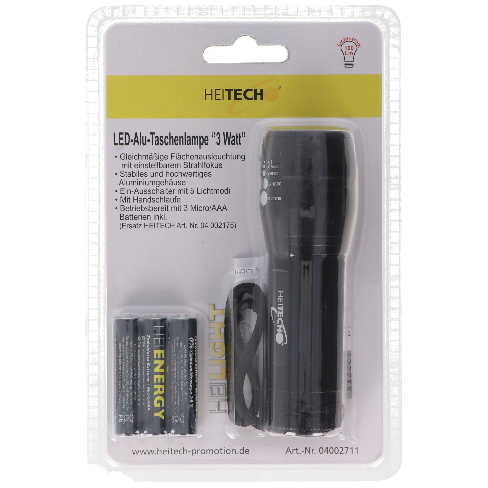 3W LED-Alu-Taschenlampe 3 Watt mit 3 AAA Batterien, mit Fokussierung