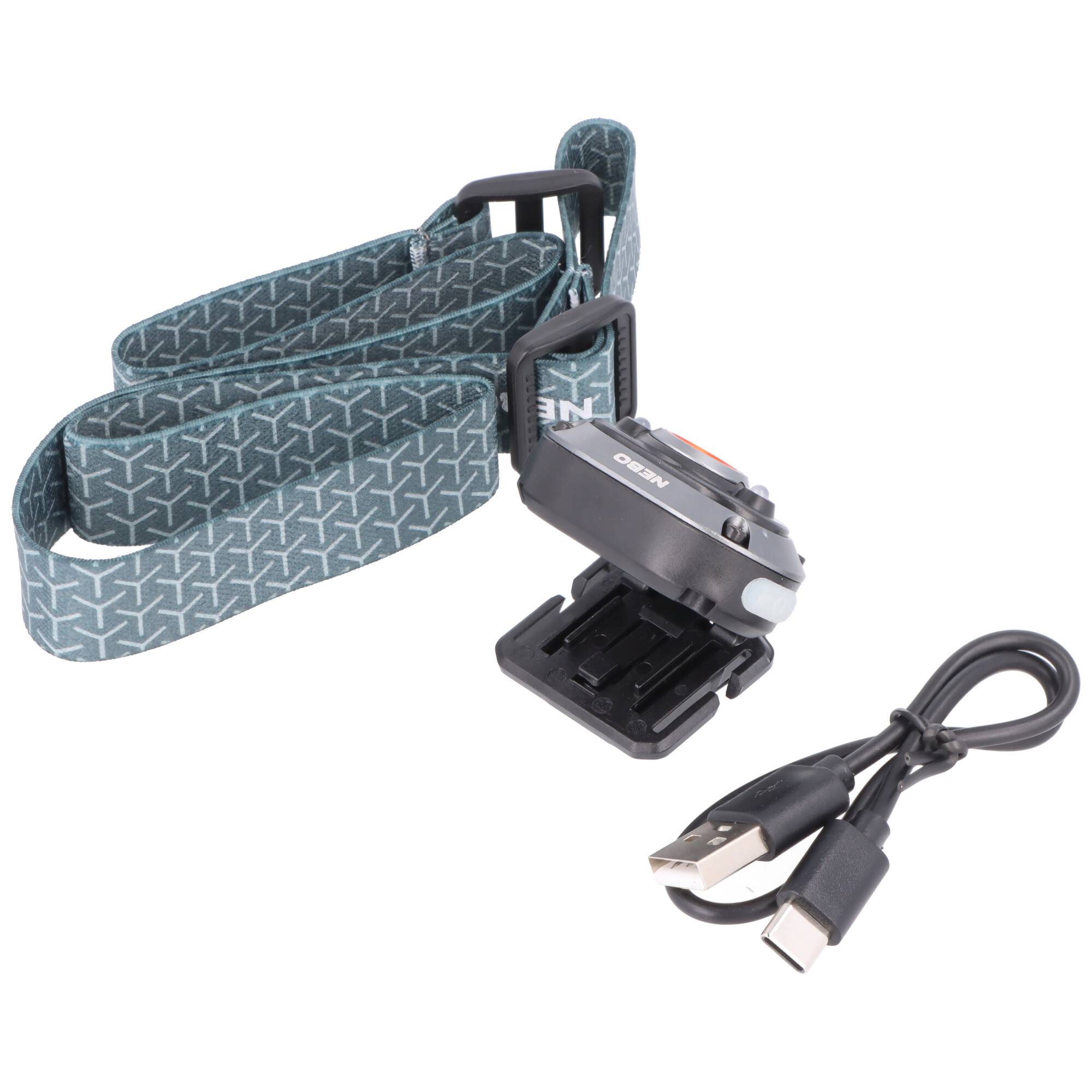 Freisprechleuchte mit verstellbarem gemustertem Riemen und angebrachtem USB-Ladekabel auf weißem Hintergrund.