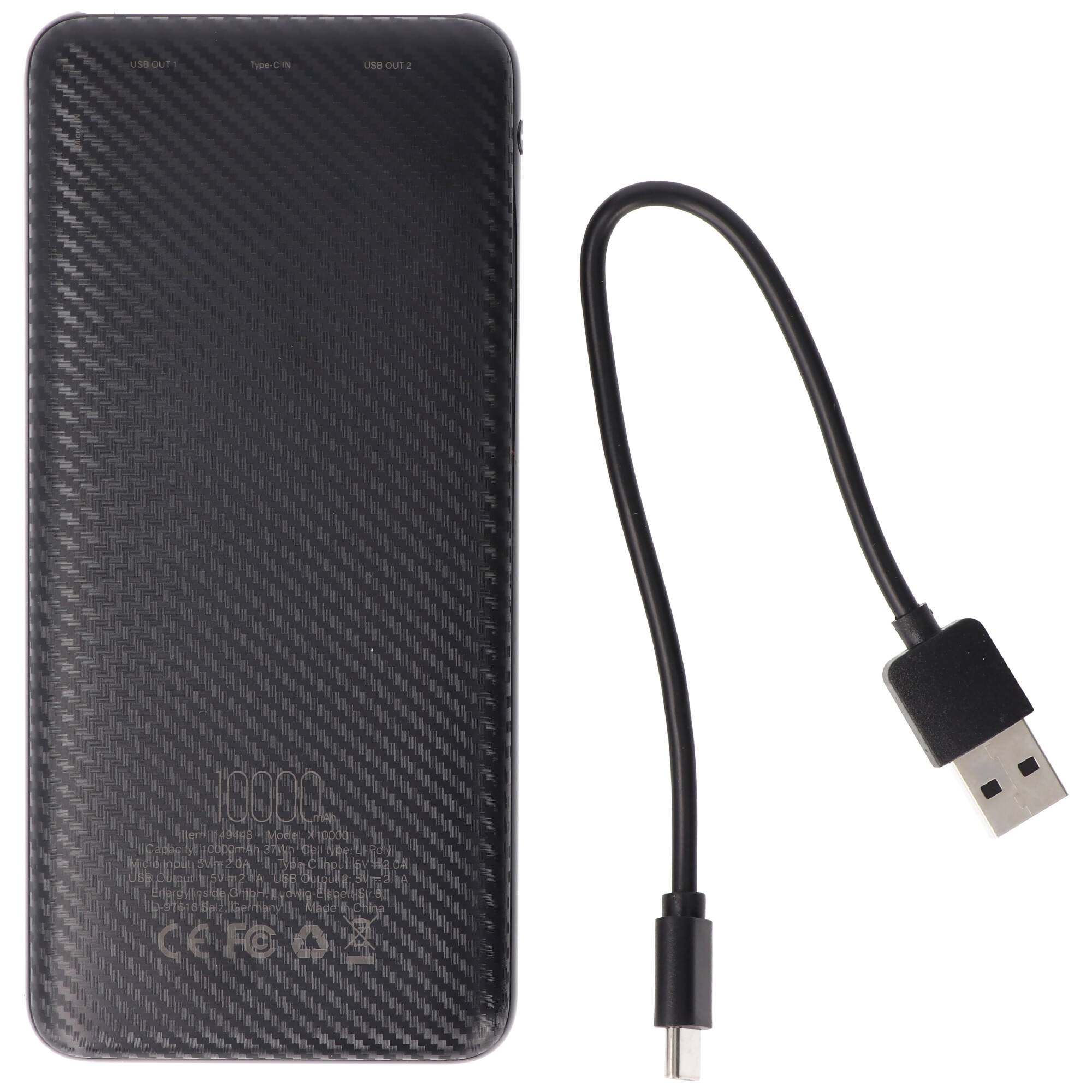 XCell Powerbank X10000 mit 10.000mAh Kapazität, schlankes Design, LED-Display, zweifacher USB-Ausgang, USB-C Ladeport