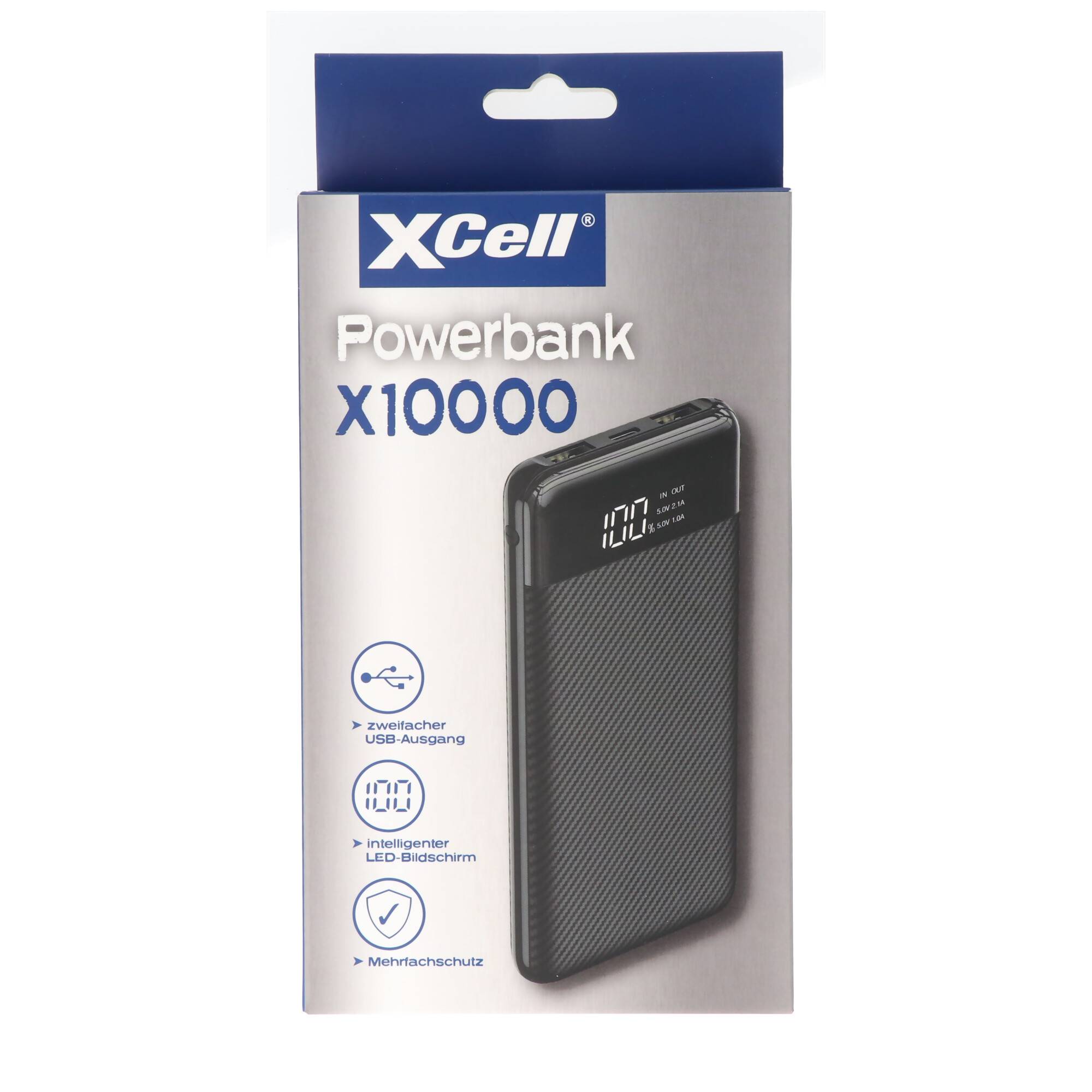 XCell Powerbank X10000 mit 10.000mAh Kapazität, schlankes Design, LED-Display, zweifacher USB-Ausgang, USB-C Ladeport