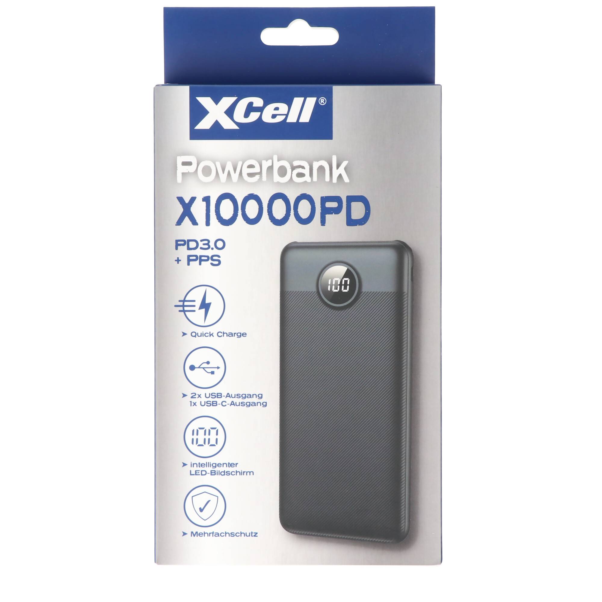 XCell Powerbank X10000PD mit 10.000mAh Kapazität, USB-C PD3.0, Quick-Charge, LED-Display, 2x USB-Ausgang 1x USB-C-Ausgan