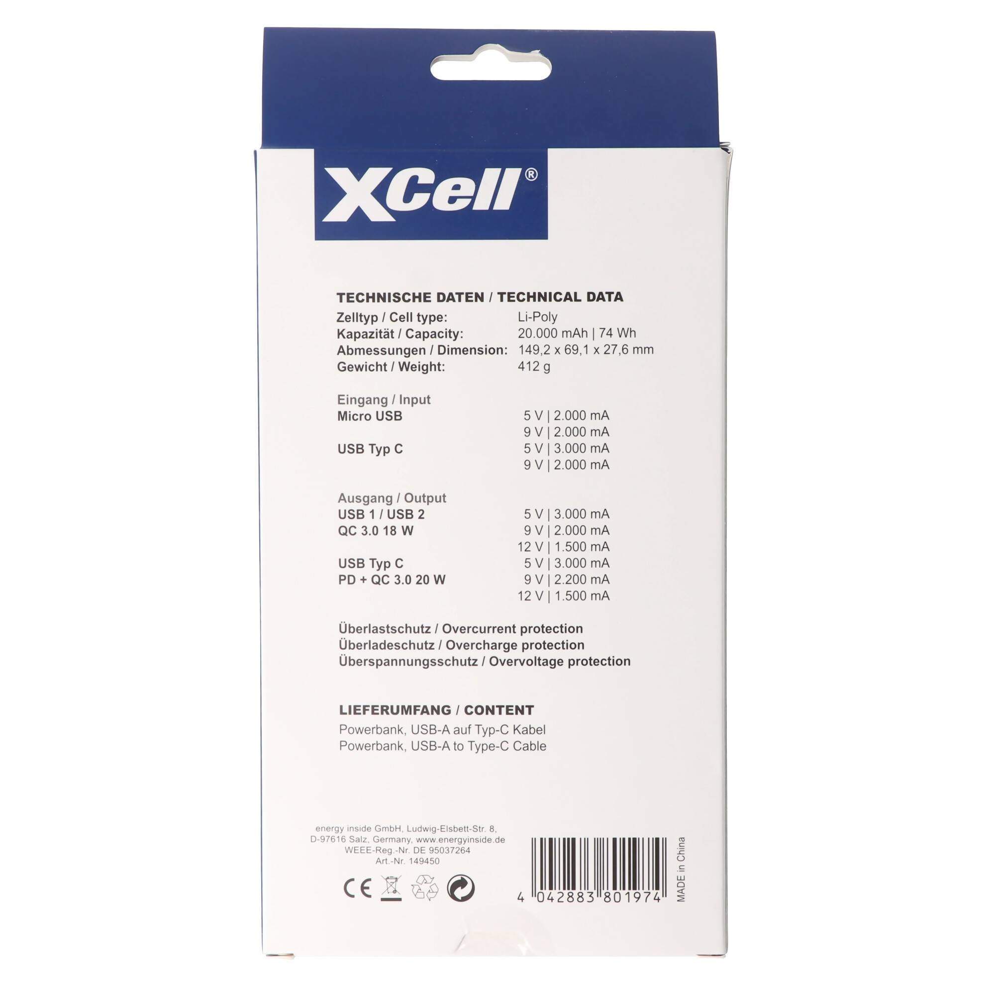 XCell Powerbank X20000PD mit 20.000mAh Kapazität, USB-C PD3.0, Quick-Charge, LED-Display, 2x USB-Ausgang 1x USB-C-Ausgan