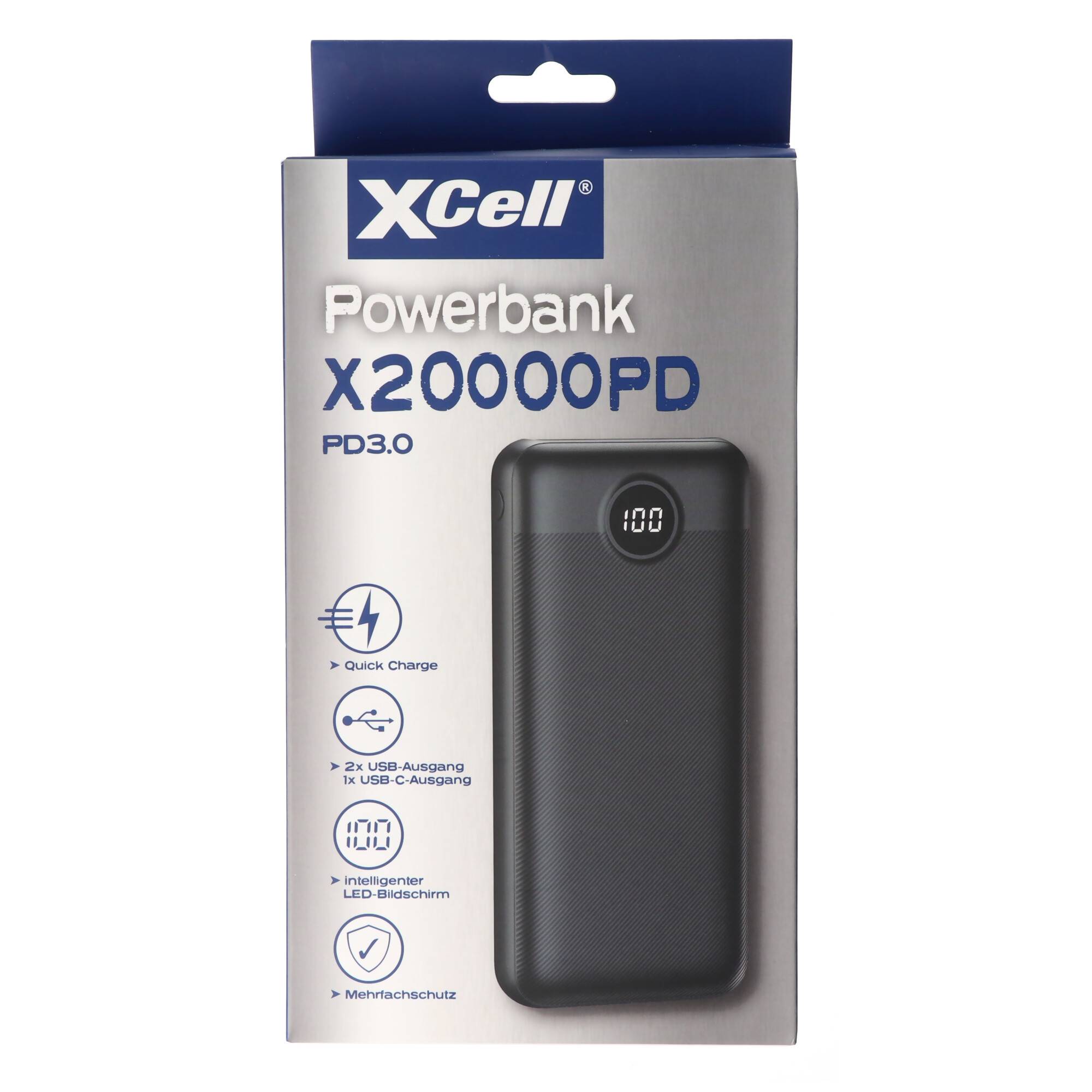XCell Powerbank X20000PD mit 20.000mAh Kapazität, USB-C PD3.0, Quick-Charge, LED-Display, 2x USB-Ausgang 1x USB-C-Ausgan