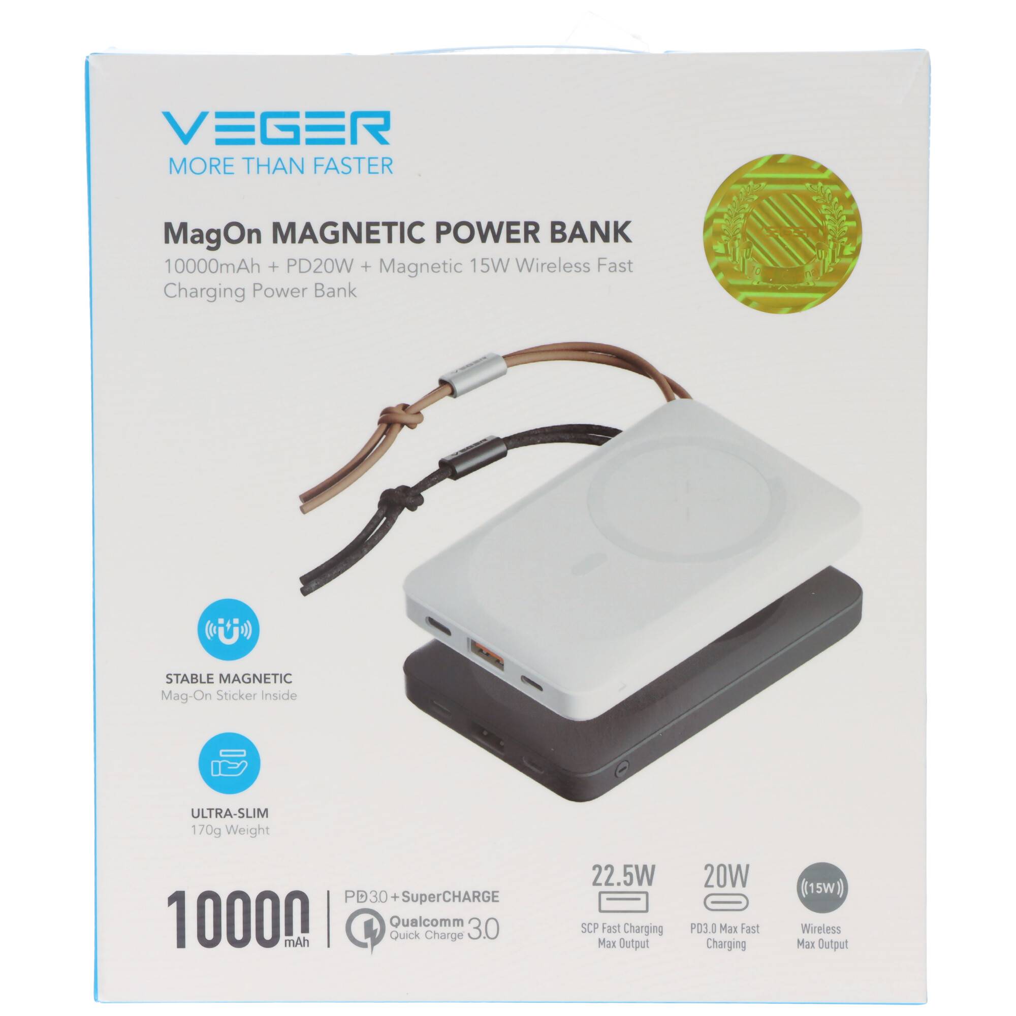 Magnetische Powerbank MagOn mit 10.000mAh Kapazität, QC3.0, kompatibel mit MagSafe, zur Befestigung auf der Rückseite Ih