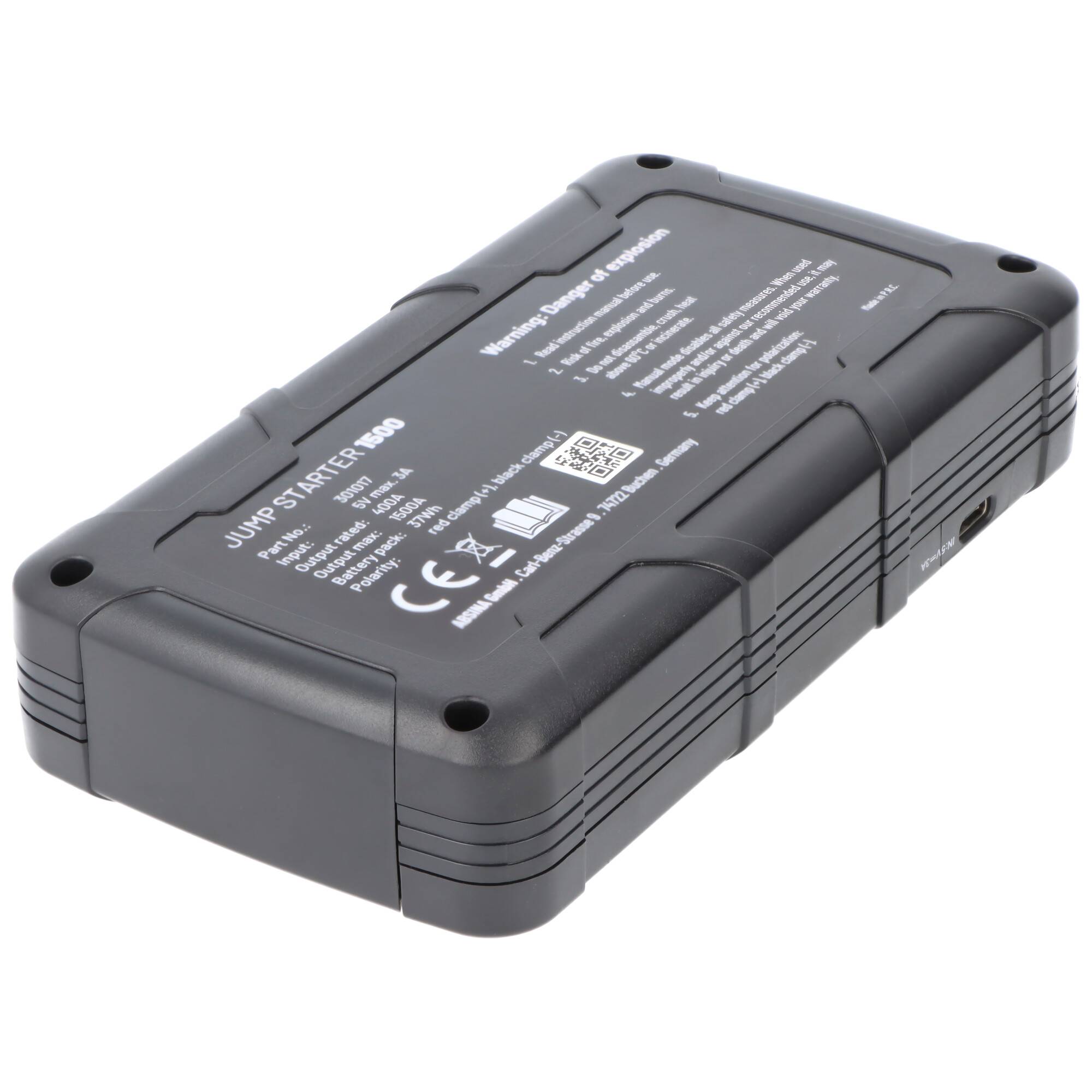 Absina Jumpstarter 1500, KFZ-Starthilfe-Powerakku mit Powerbank-Funktion und LED-Licht, ideal für PKW, Motorrad, Boot